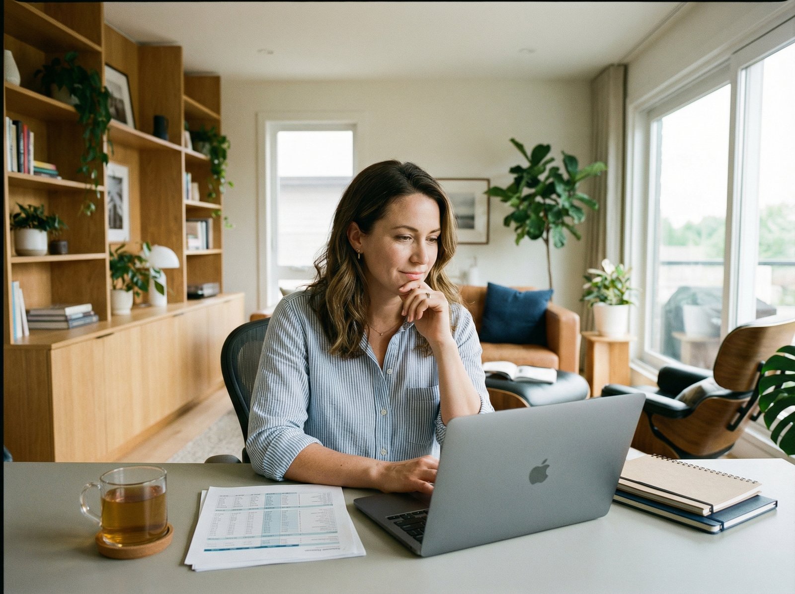 A woman in her 30s thoughtfully reviewing financial plans on a laptop, surrounded by a warm, modern office setting. She has a focused yet relaxed expression. No visible text, aspect ratio 4:3.