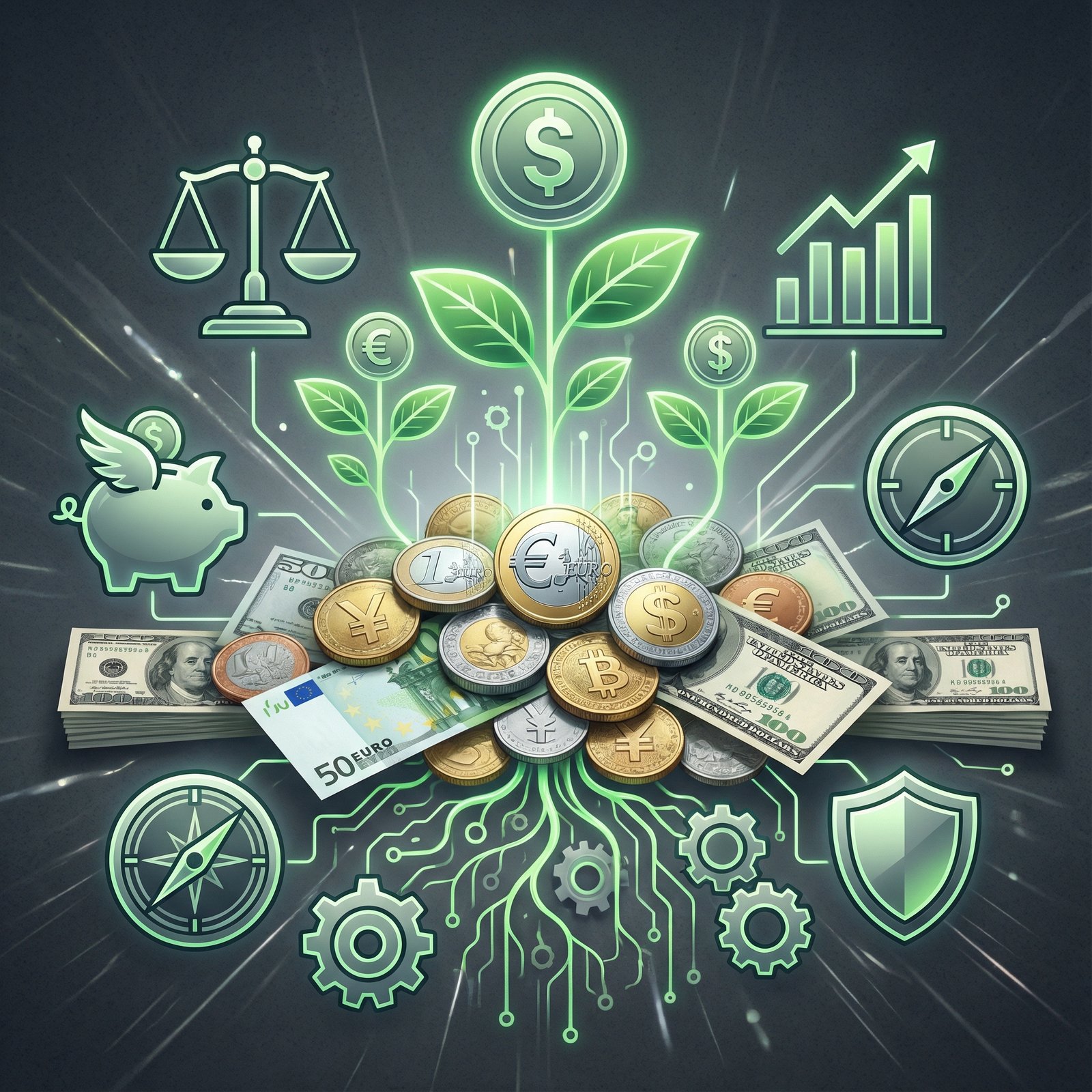 Cash and coins nestled among various financial icons like growing plants, symbolizing growth and balanced financial health. Clean infographic, modern layout, high contrast. No visible text, aspect ratio 1:1.
