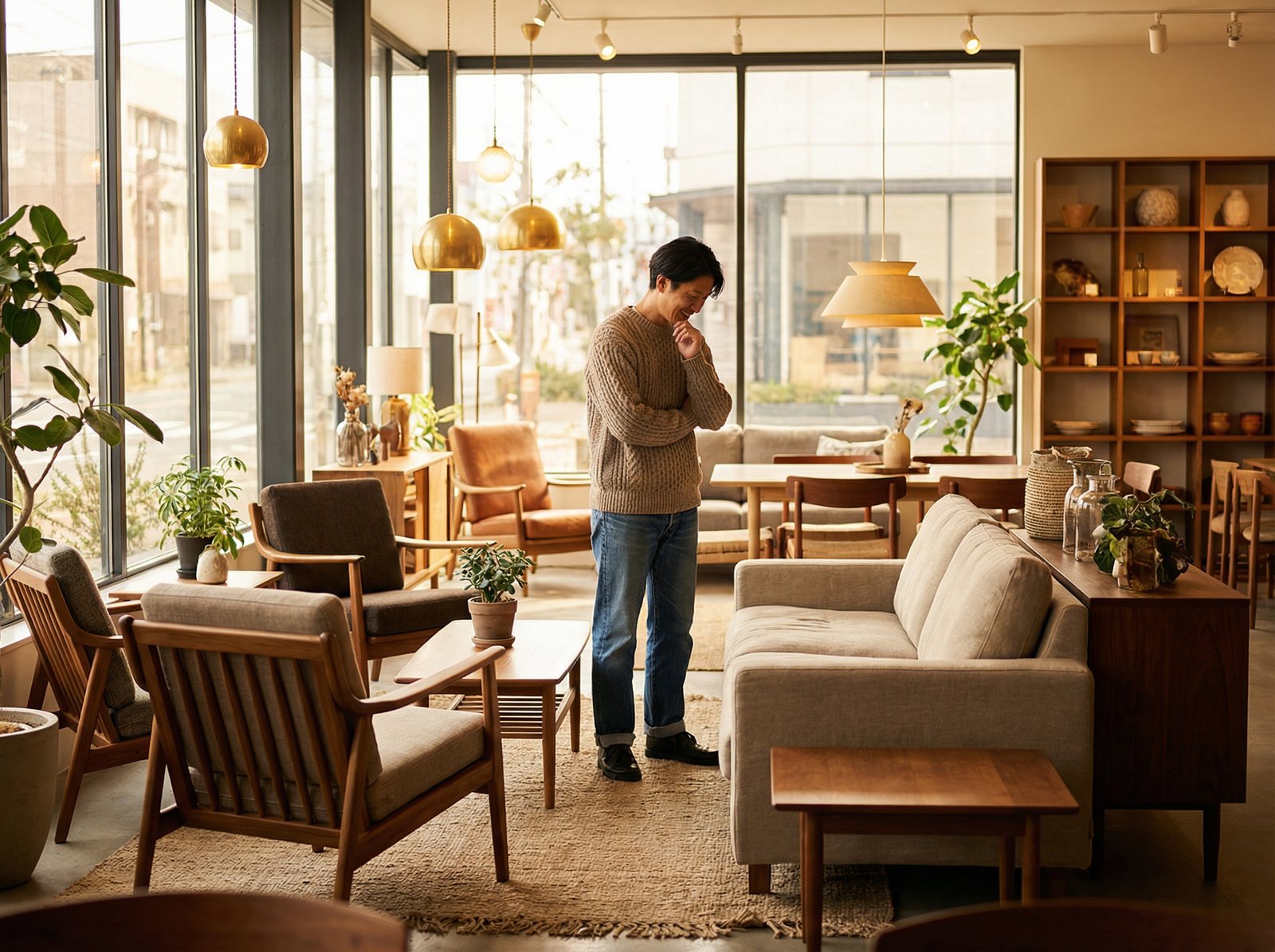 A person looking at a sofa in a furniture store, surrounded by various furniture items, lifestyle photography, warm lighting, natural setting, aspect ratio 4:3, no visible text