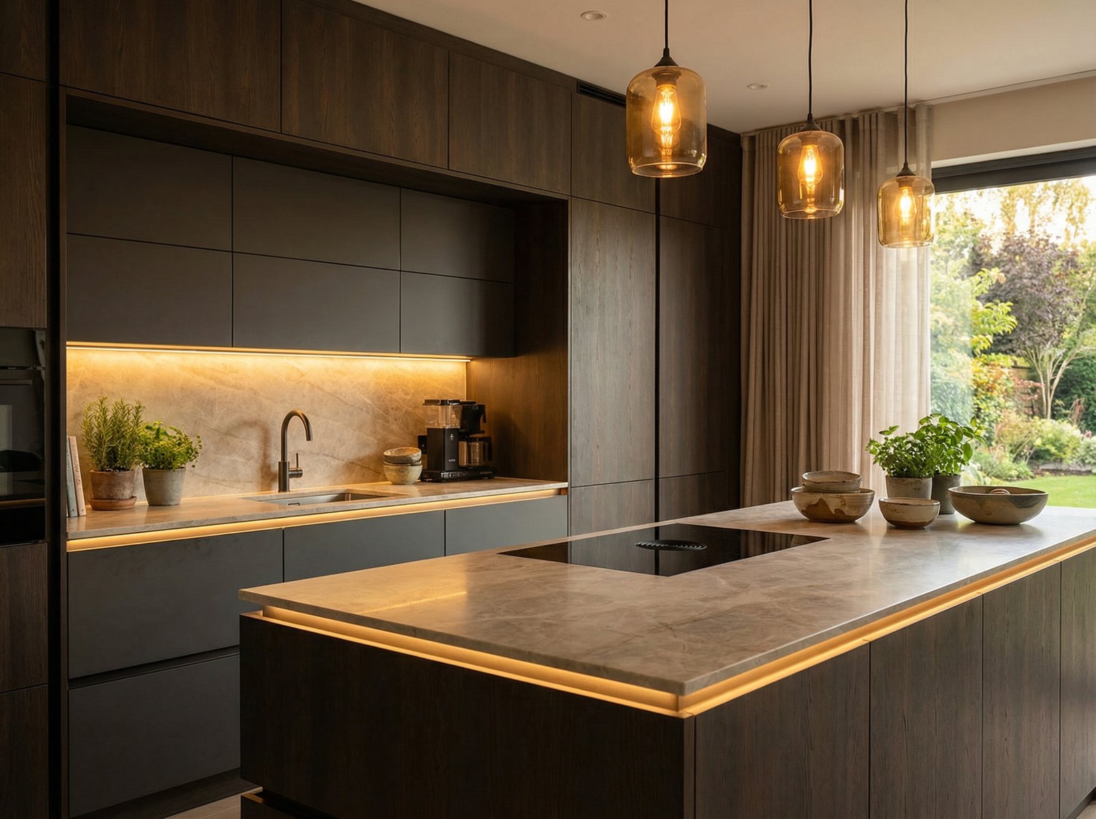 A luxurious modern kitchen interior with stylish cabinets and clean countertops, featuring warm lighting and a sophisticated design, lifestyle photography, warm lighting, natural setting, aspect ratio 4:3, no visible text
