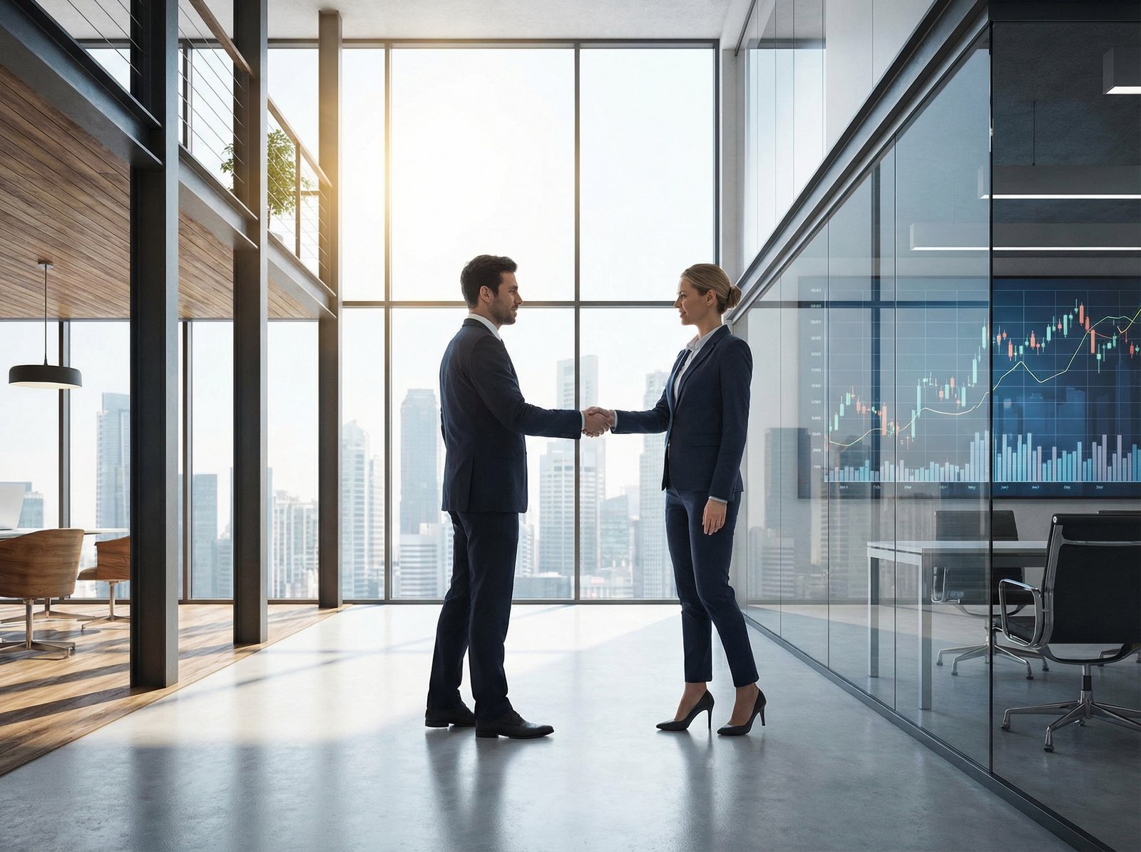 Two business people shaking hands in a modern office, representing trade talks and negotiations, with a clean and professional background, informational, modern layout, high contrast, aspect ratio 4:3, no visible text