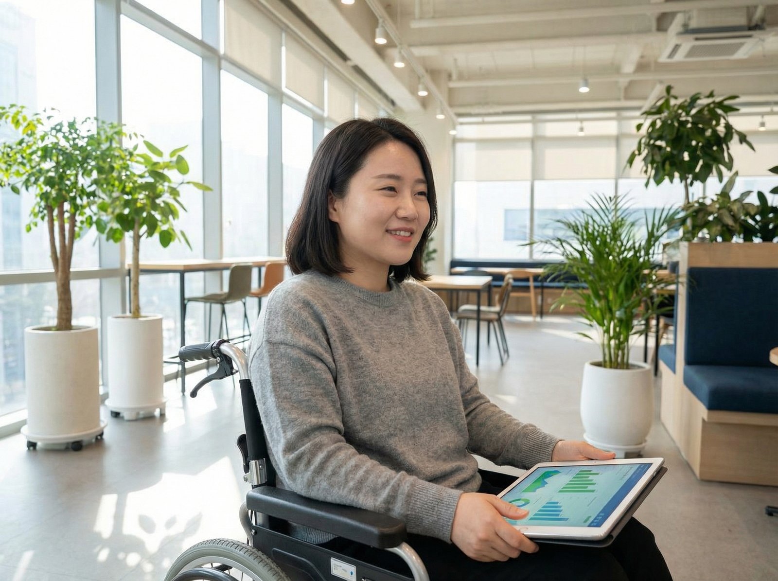 A person with a disability (Korean appearance, natural expression) happily looking at a tablet, which displays financial growth charts and accessible financial planning tools. The setting is bright and modern, suggesting ease and opportunity. Aspect ratio 4:3, no visible text.