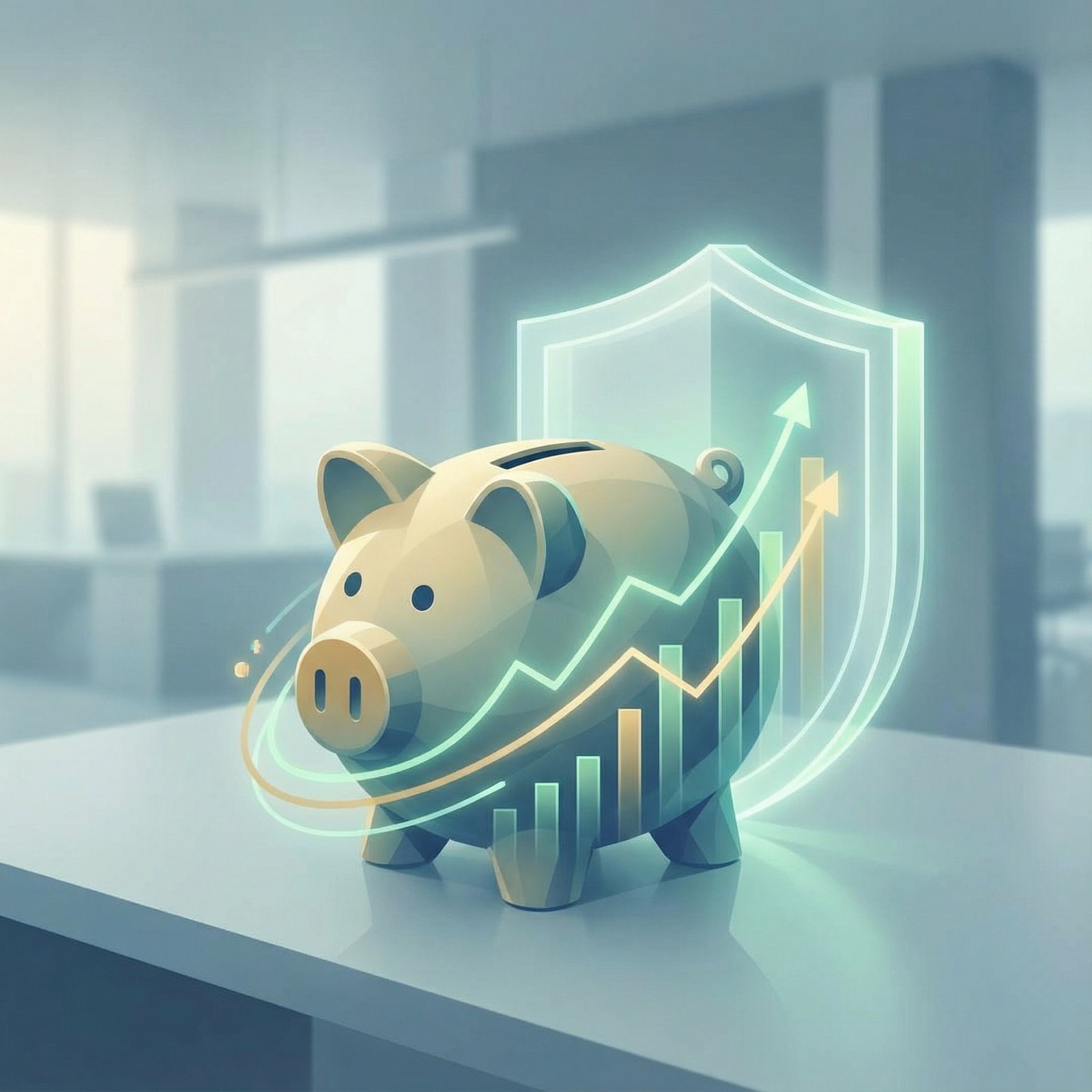 A stylized piggy bank with upward-trending financial graphs around it, partially covered by a protective shield, against a clean, modern background. This visually represents tax advantages, investment growth, and asset protection. Aspect ratio 1:1, no visible text.