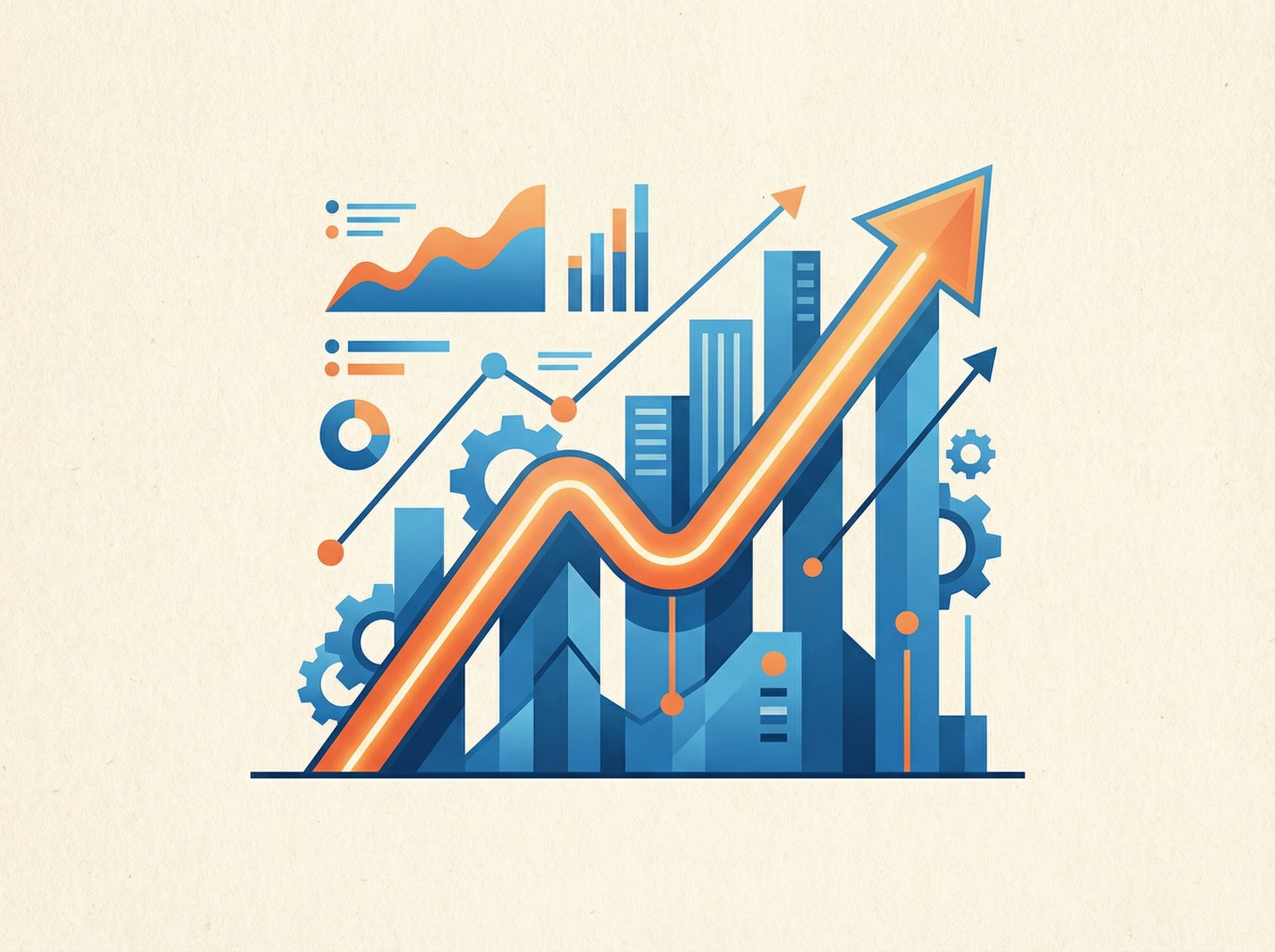 A clean infographic showing an upward trend, representing economic growth. Use modern layout and high contrast colors like blue and orange on a textured background. No visible text, no Korean text. Aspect ratio 4:3.