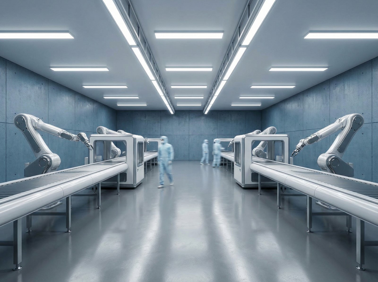 An informational image of a high-tech manufacturing facility, clean and modern. Show automated machinery and a few blurred workers in the background. Use bright, balanced lighting and a blue-gray colored background. No visible text, no Korean text. Aspect ratio 4:3.