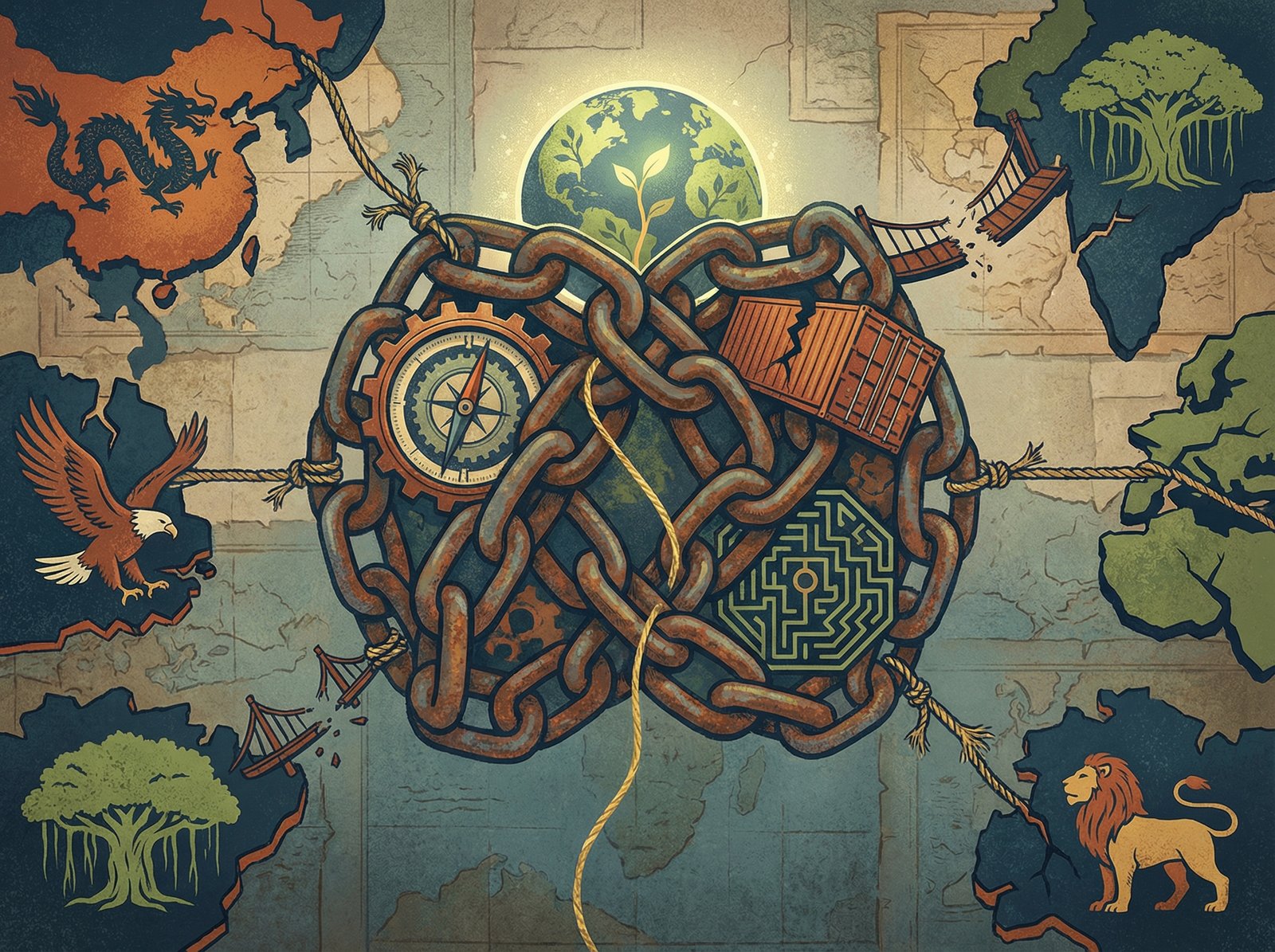 A symbolic image depicting global trade challenges, with intertwined chains and abstract representations of countries. Use an illustration style with a textured background. The overall tone is serious but hopeful. No visible text, no Korean text. Aspect ratio 4:3.