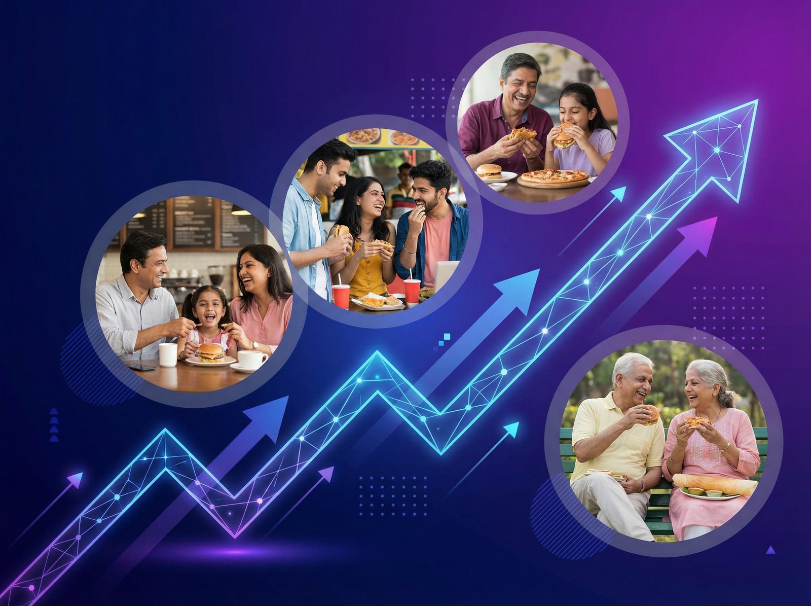 A dynamic, upward-trending graph with overlayed images of diverse Indian people enjoying fast food, symbolizing market growth and consumer potential. Informational style, clean infographic, modern layout, high contrast. No visible text. Aspect ratio 4:3.