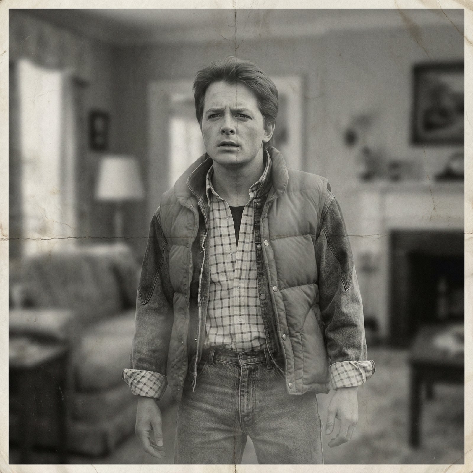 Marty McFly disappearing from an old black and white photo, only his outline remaining, anxious expression, 1:1 aspect ratio, no visible text