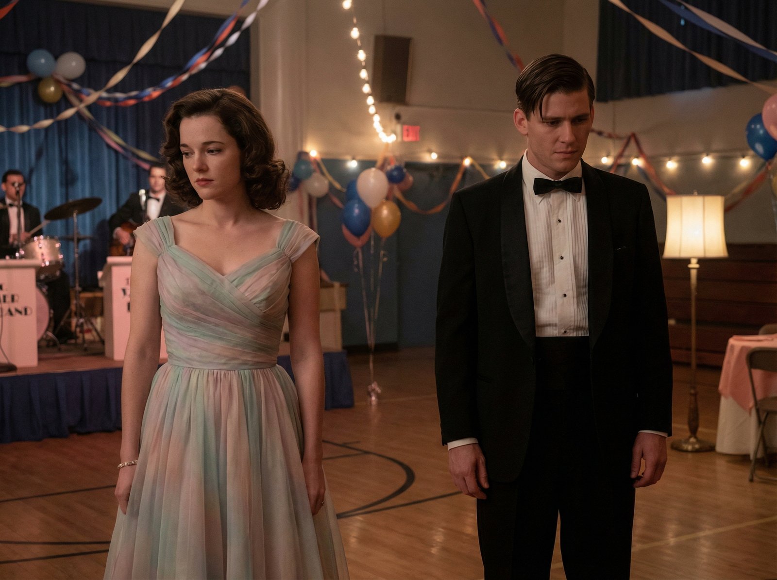 George McFly and Lorraine Baines looking sad and apart, not kissing, 1950s prom setting, soft lighting, 4:3 aspect ratio, no visible text