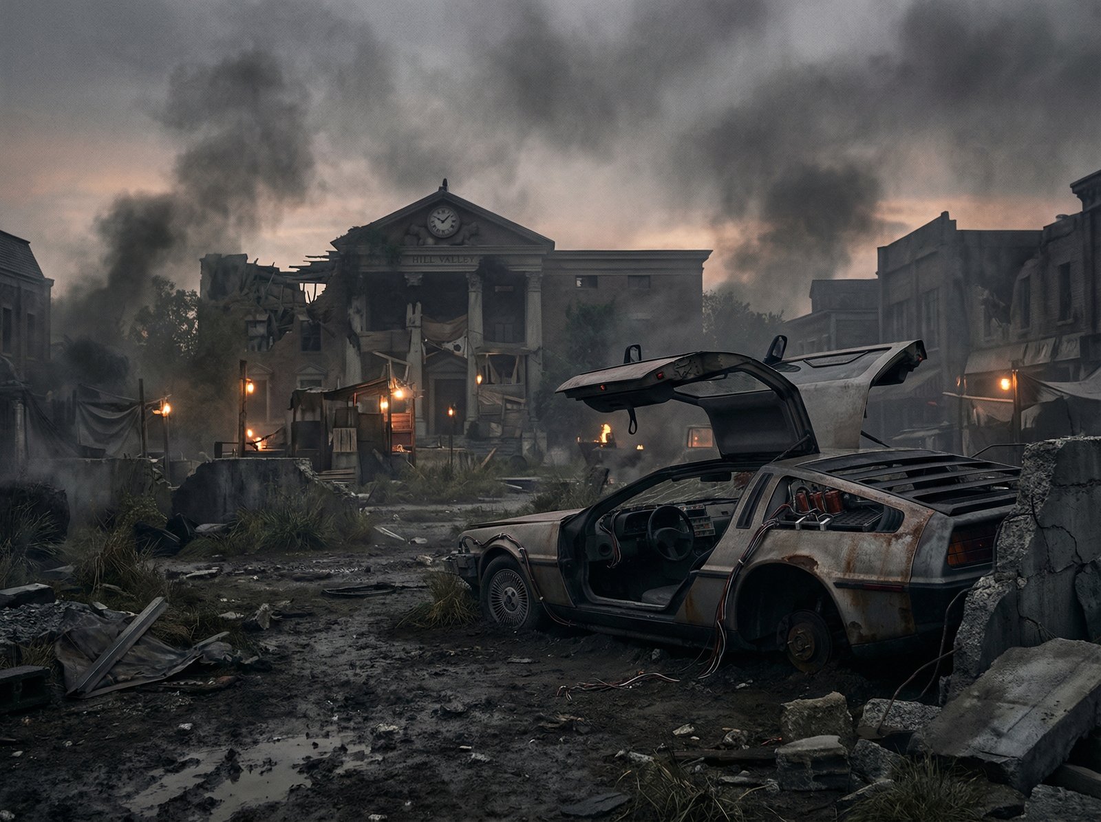 A distorted, chaotic future version of Hill Valley, broken DeLorean sports car in the foreground, dark and dystopian atmosphere, 4:3 aspect ratio, no visible text