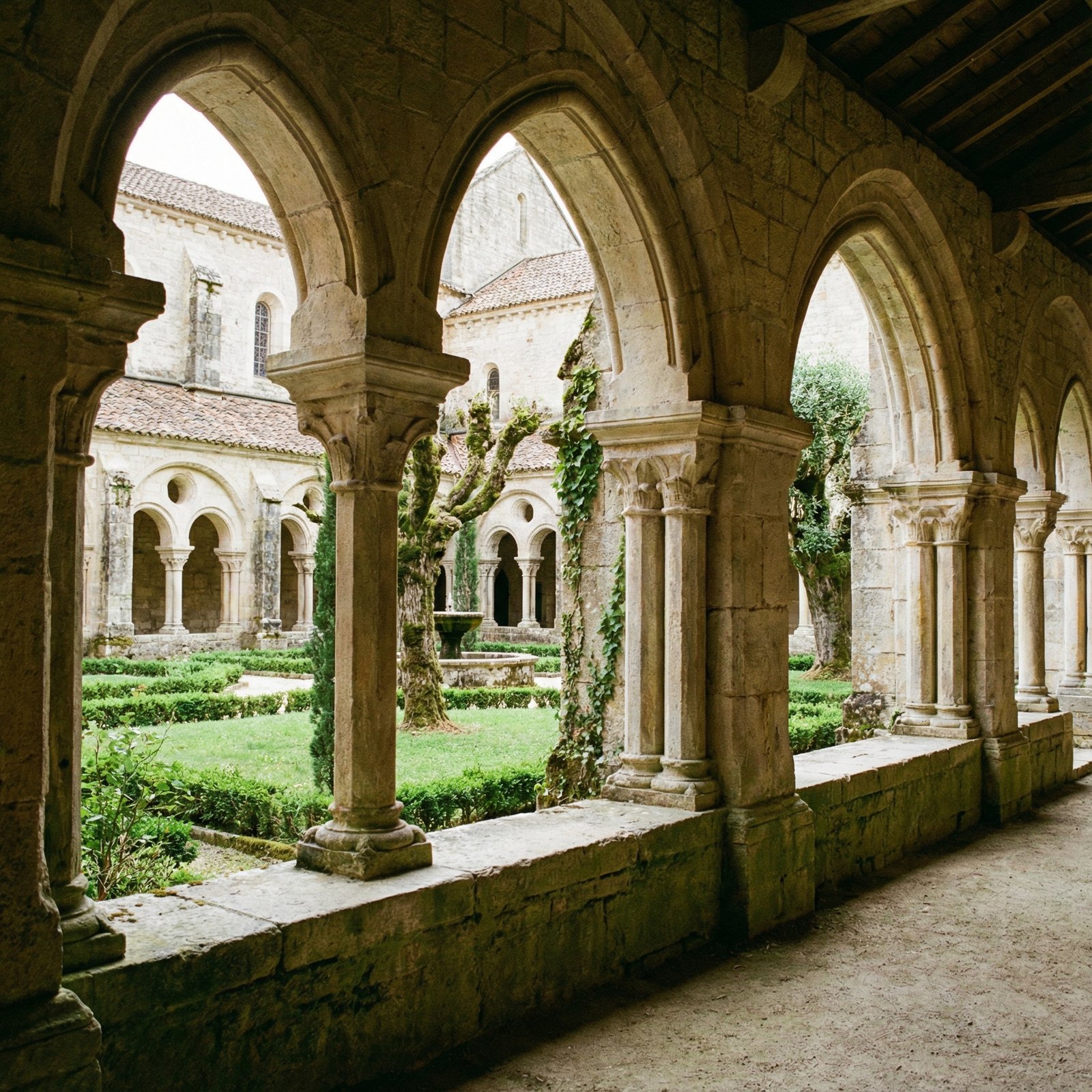 The cloister of the Cistercian Abbey of Fontenay, with elegant arched walkways and a central green courtyard. The stone walls are simple yet majestic. No visible text. Aspect ratio 1:1.
