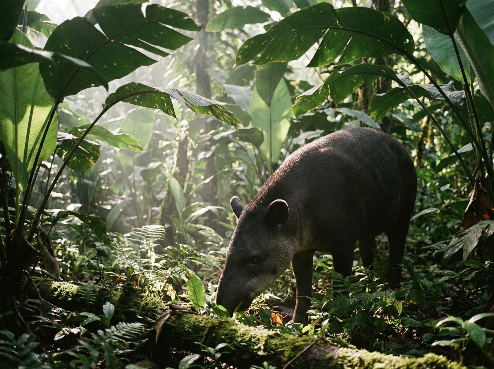 A tapir peacefully grazing in the dense jungle of Darien Gap, lush green foliage, sunlight filtering through leaves, realistic animal photography, no visible text, aspect ratio 4:3, lifestyle photography