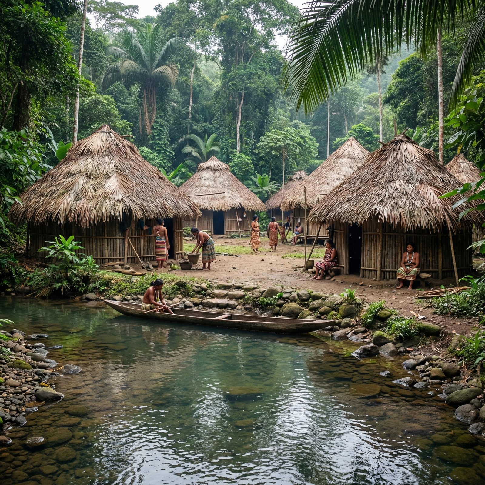 Traditional indigenous village in Darien National Park, thatched-roof huts, surrounded by lush tropical vegetation, clear river in foreground, peaceful setting, no visible text, aspect ratio 1:1, history culture style