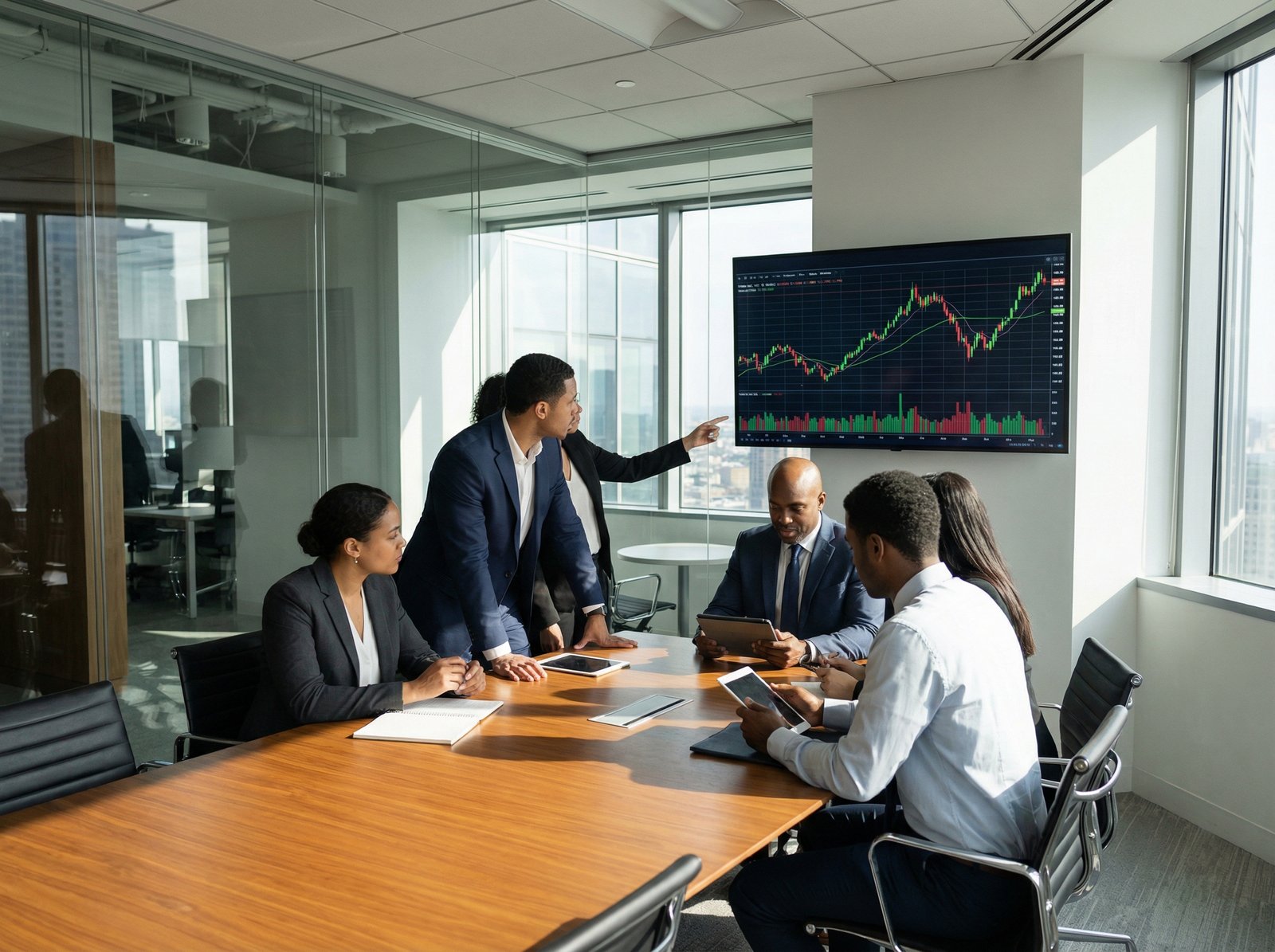 Informational style, a group of diverse financial analysts in a modern meeting room, discussing stock market projections on a screen in the background. High contrast, clear composition, no visible text, aspect ratio 4:3.