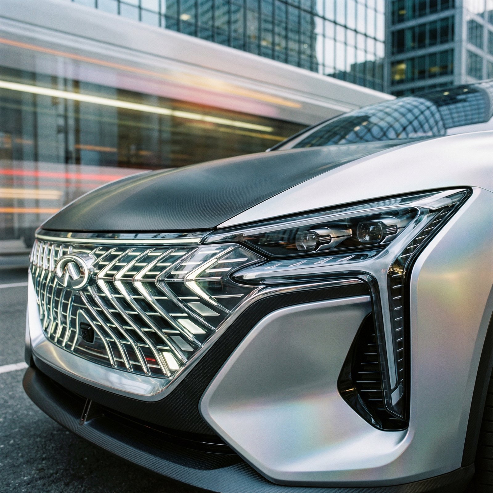 A close-up shot of a futuristic electric vehicle's front grille and headlight, showcasing advanced technology and sleek design elements. The background is a blurred, dynamic urban environment. Aspect ratio 1:1, no visible text.