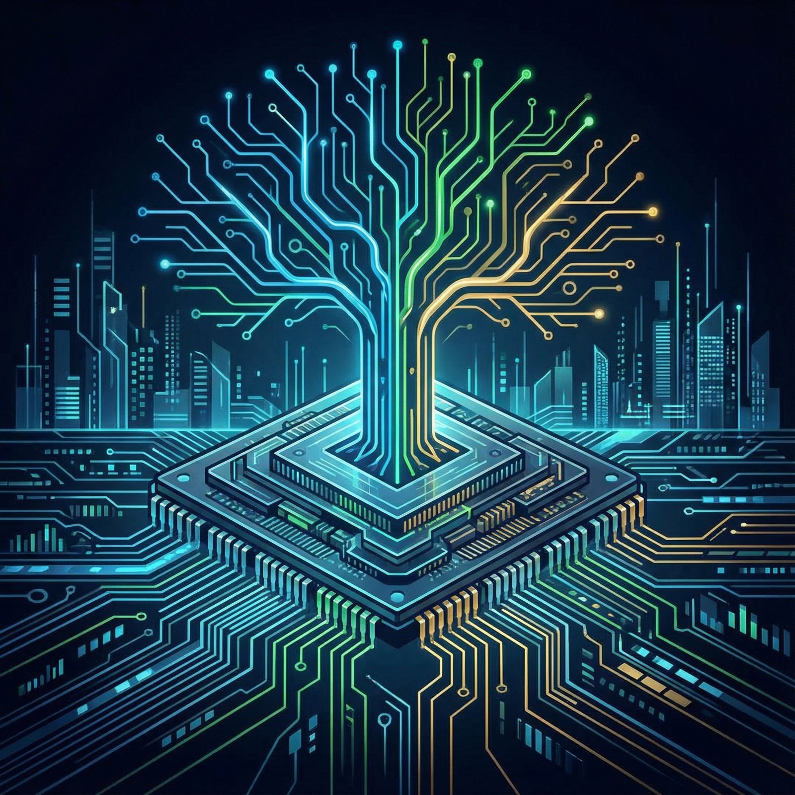 Informational style, a stylized illustration of a semiconductor chip with glowing lines, representing growth and innovation, against a dark, futuristic background. Modern layout, high contrast, no visible text, aspect ratio 1:1.