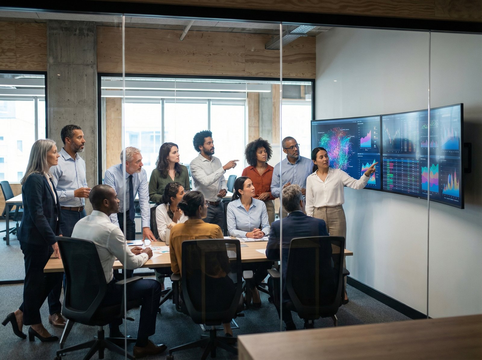 A group of diverse people in a modern office setting looking at large screens displaying cryptocurrency market charts and data. They appear focused and engaged, discussing the trends. The overall scene has a professional and collaborative feel. No visible text. Aspect ratio 4:3.