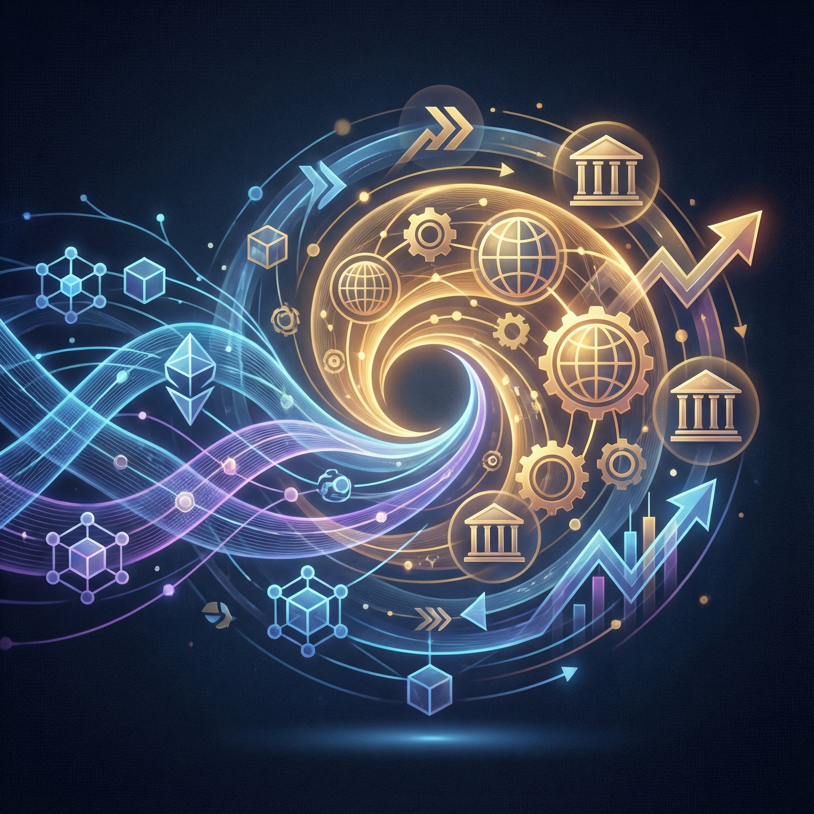 A conceptual illustration depicting digital currencies flowing seamlessly into traditional global financial systems, represented by abstract network lines and subtle glow effects. The design is modern and sophisticated, with a blend of digital and financial symbols. No visible text. Aspect ratio 1:1.