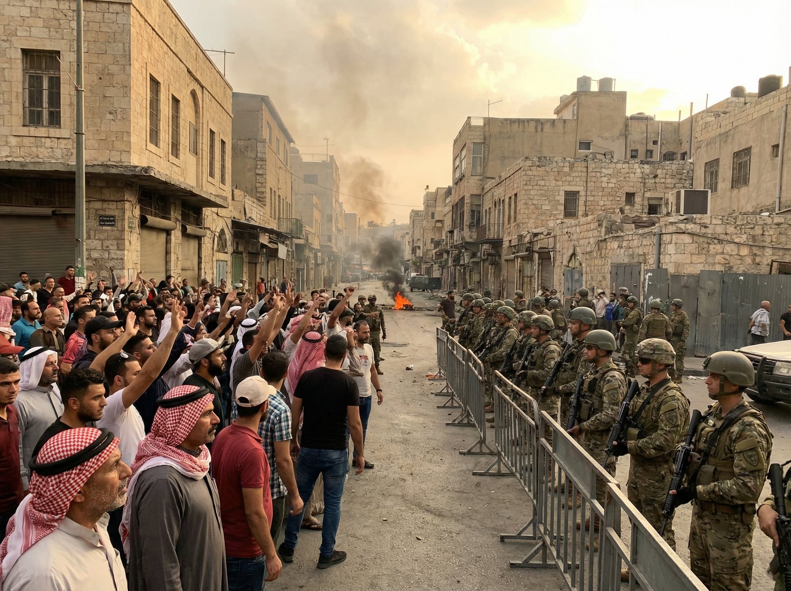 A dramatic scene of protests in a Middle Eastern city, with a crowd of people in the foreground and a line of armed soldiers in the background, facing each other. The atmosphere is tense. Aspect ratio 4:3, no visible text.