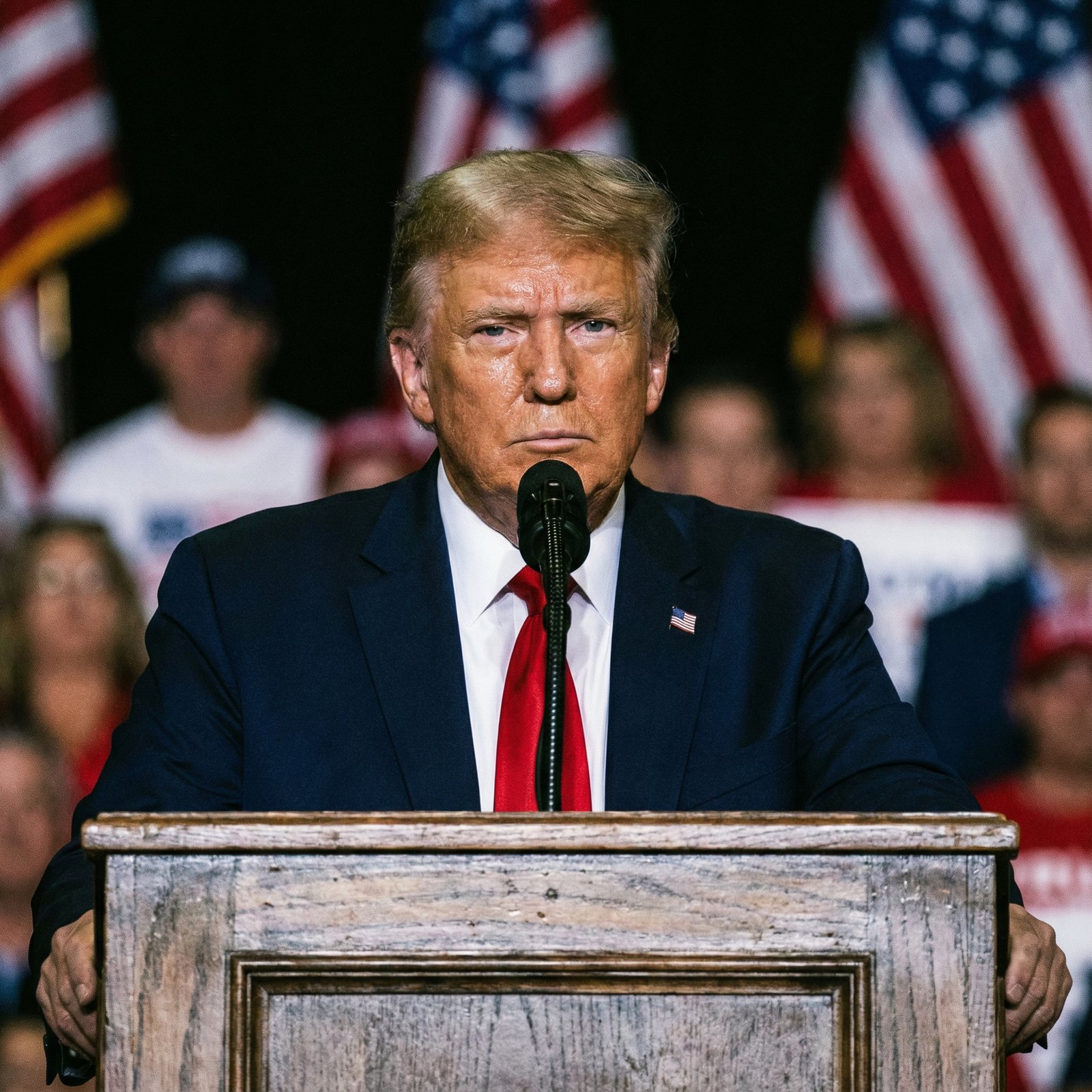 A close-up, impactful shot of Donald Trump speaking at a podium, conveying seriousness and determination. He is looking directly forward. Aspect ratio 1:1, no visible text.