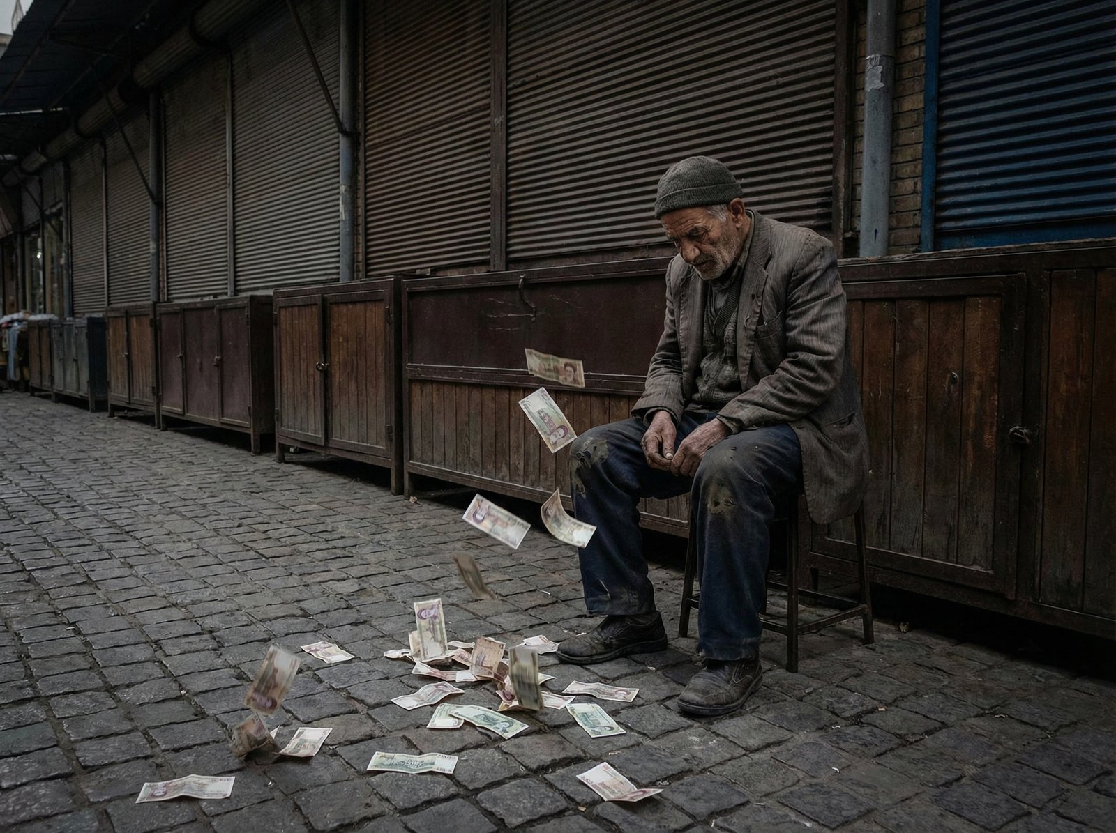A symbolic image depicting economic hardship in Iran, possibly with a distressed person looking at falling currency or empty market stalls. The color palette is somber. Aspect ratio 4:3, no visible text.