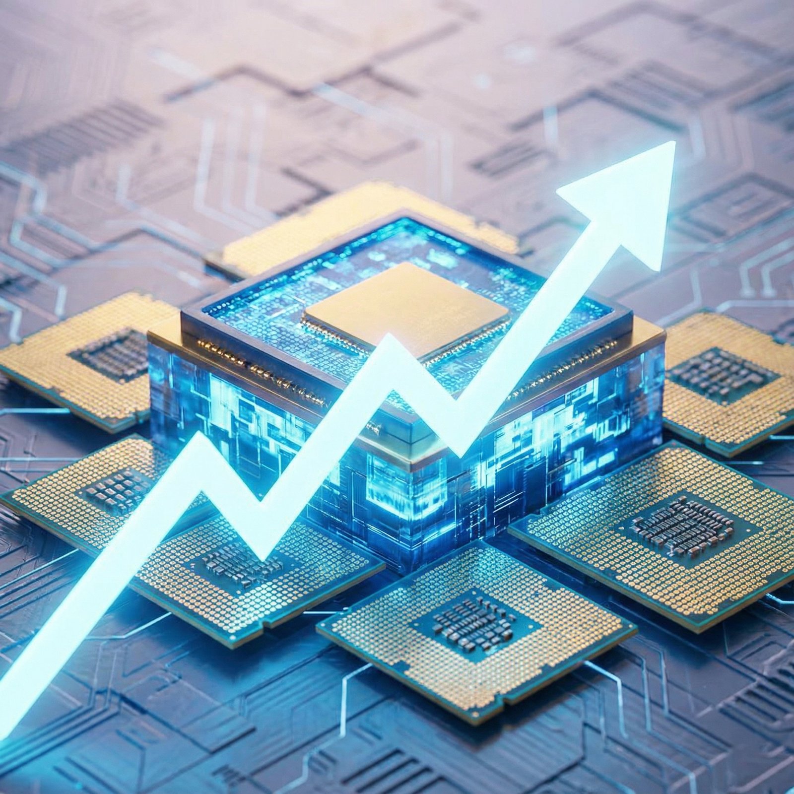 Close-up of glowing semiconductor chips with an upward trend line superimposed, representing growth. Clean infographic style, textured background, centered focus. 1:1 aspect ratio, no visible text.