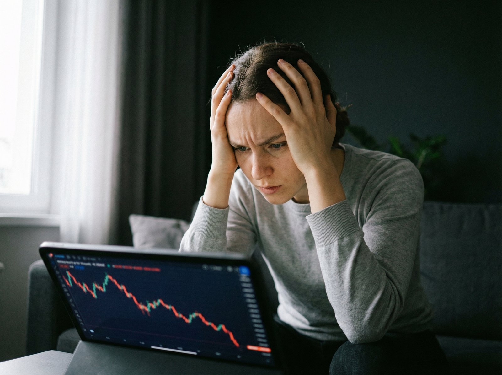 A person looking worriedly at a downward-trending stock chart on a tablet, with a blurred, slightly darker background to convey concern. Lifestyle photography, natural lighting. 4:3 aspect ratio, no visible text.