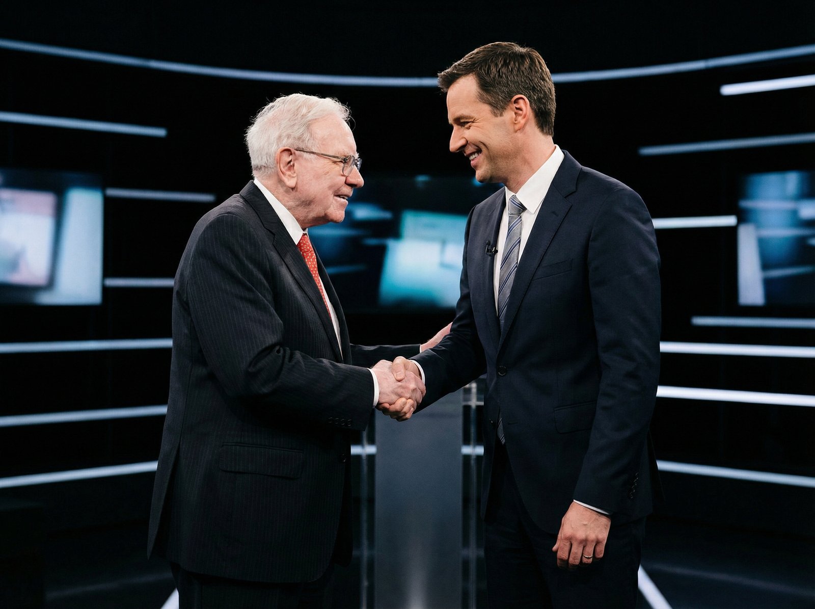 Warren Buffett, a wise elderly man, stands next to Greg Abel, a younger professional man. They are smiling and shaking hands on a stage. Informational style, modern layout, high contrast. Aspect ratio 4:3. No visible text.
