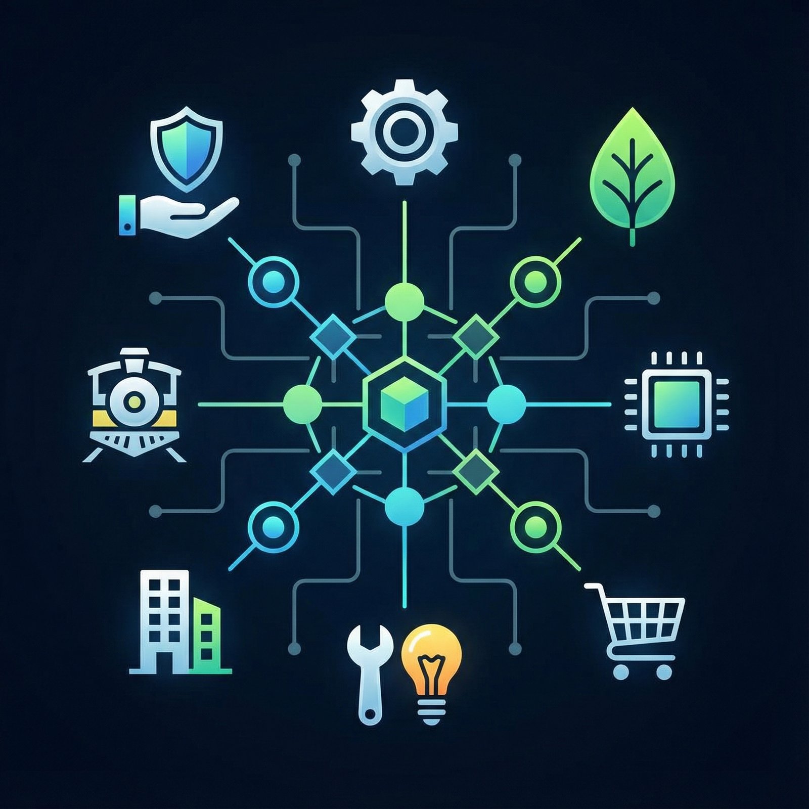 A clean infographic showing a diverse business portfolio with icons representing insurance, railroads, and other varied industries. Modern layout, high contrast. Aspect ratio 1:1. No visible text.