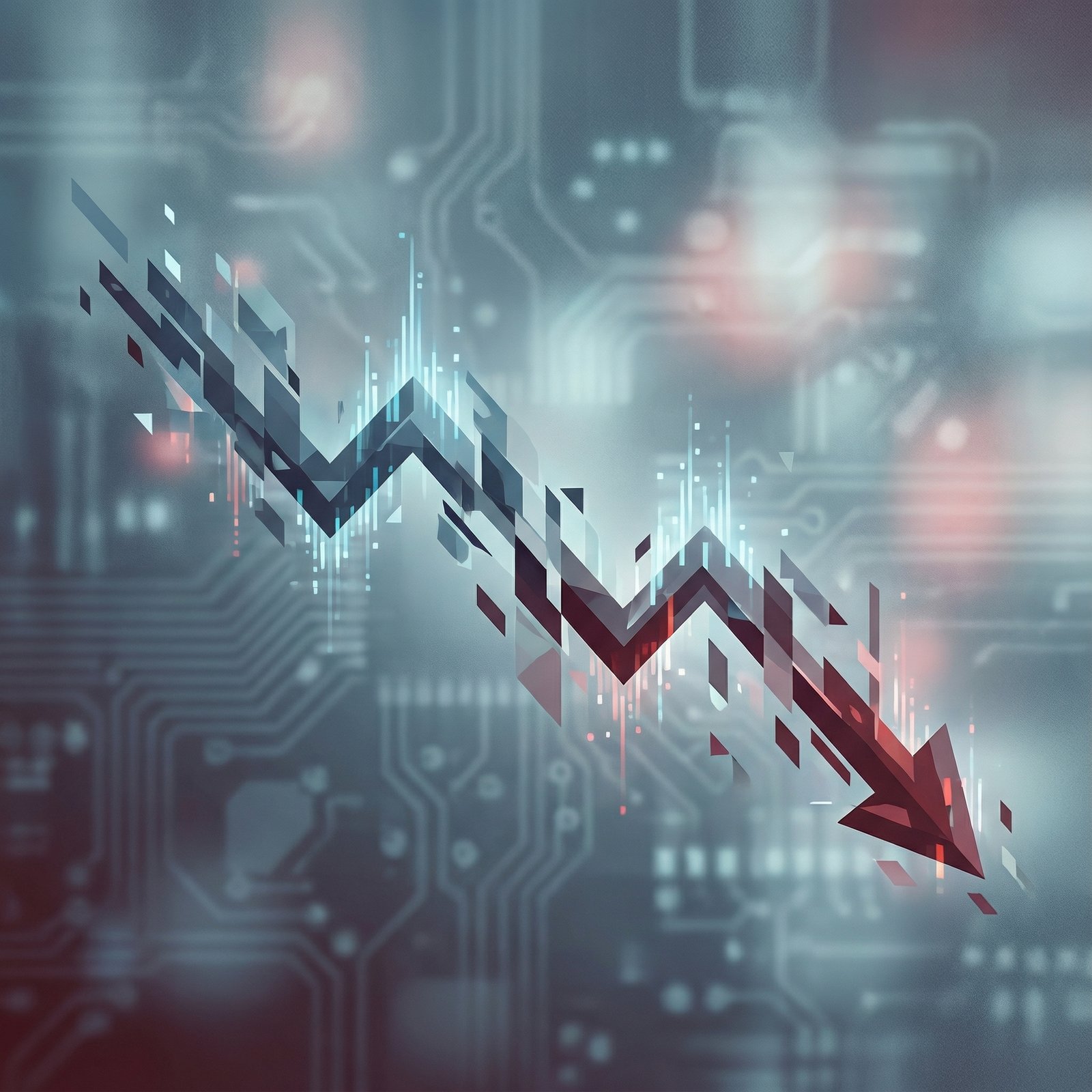 An abstract illustration representing a stock market chart with a downward trend, specifically for a tech company like Apple, against a subtle background. Aspect ratio 1:1, no visible text.