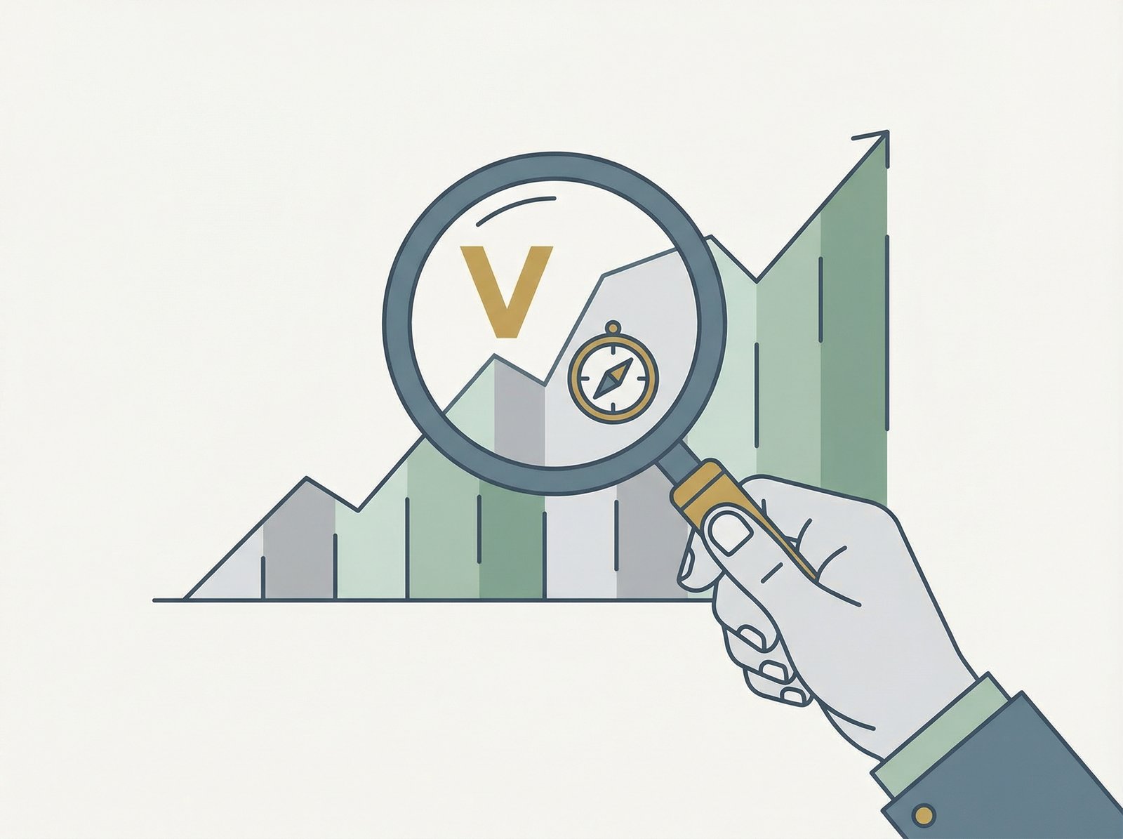 A minimalist infographic showing a hand holding a magnifying glass over a stock chart, with a focus on 'valuation' and 'investment strategy'. Use a clean, modern layout. Aspect ratio 4:3, no visible text.