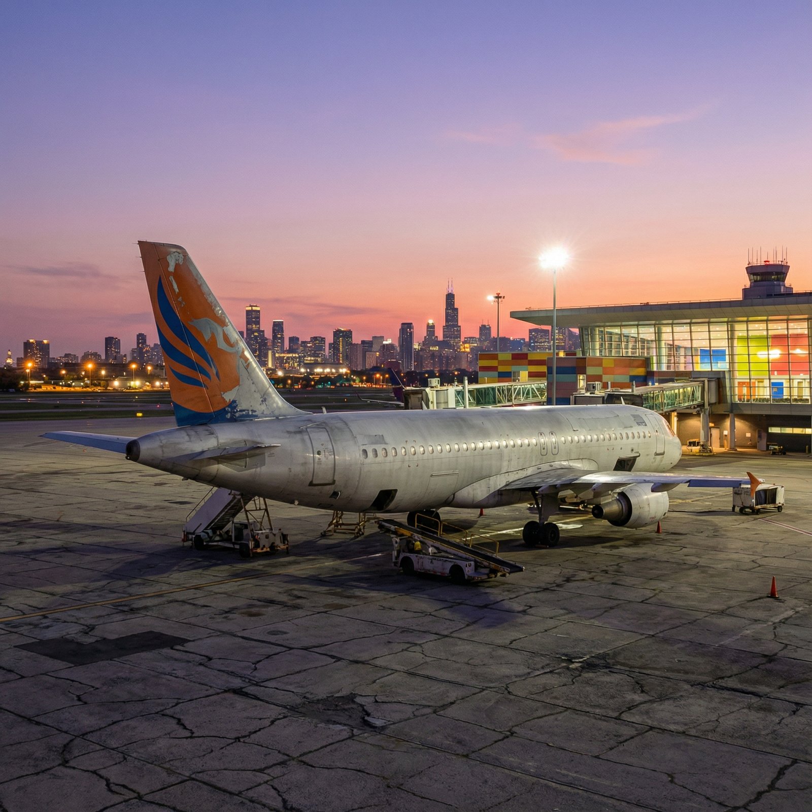 An informational image depicting a struggling low-cost airline with a stylized, slightly worn-out airplane on the tarmac, contrasting with a more vibrant background. The focus is on the plane, representing challenges. No visible text, no Korean text, aspect ratio 1:1.