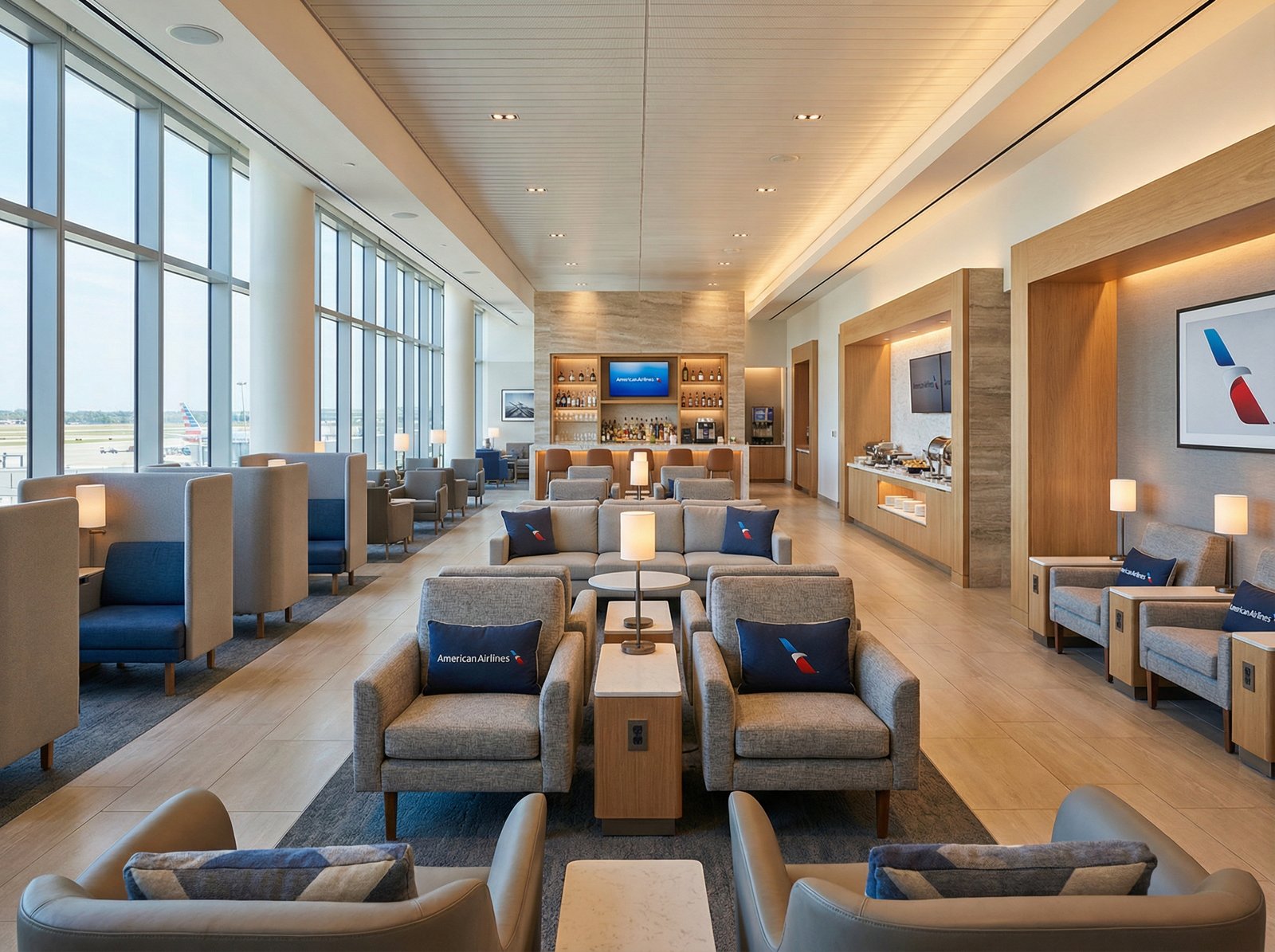 An informational image showcasing a modern, luxurious airport lounge with comfortable seating and amenities, reflecting American Airlines' focus on premium services. The composition should be visually rich and well-lit. No visible text, no Korean text, aspect ratio 4:3.