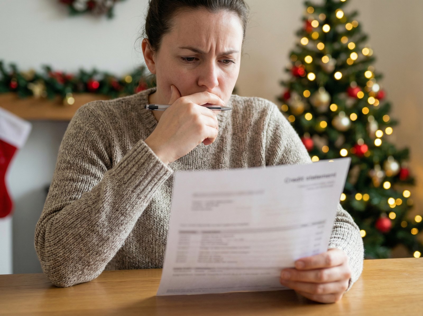A person looking thoughtfully at their credit card statement, with holiday decorations in the background, a subtle worried expression. Informational style, 4:3 aspect ratio, no visible text.