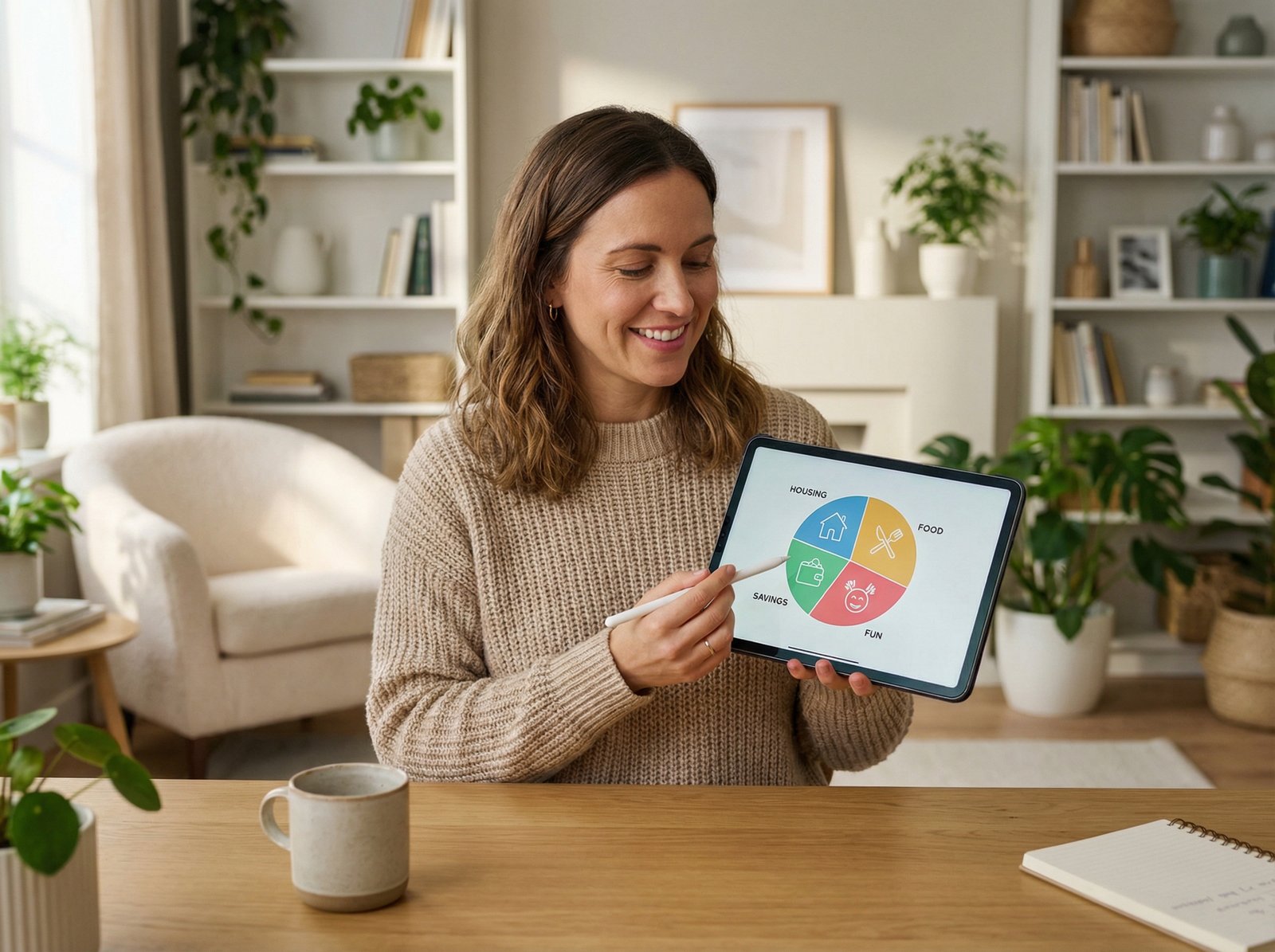 A person happily managing their budget on a tablet, a vibrant pie chart showing categorized expenses, surrounded by a calm home office setting. Lifestyle photography, 4:3 aspect ratio, no visible text.
