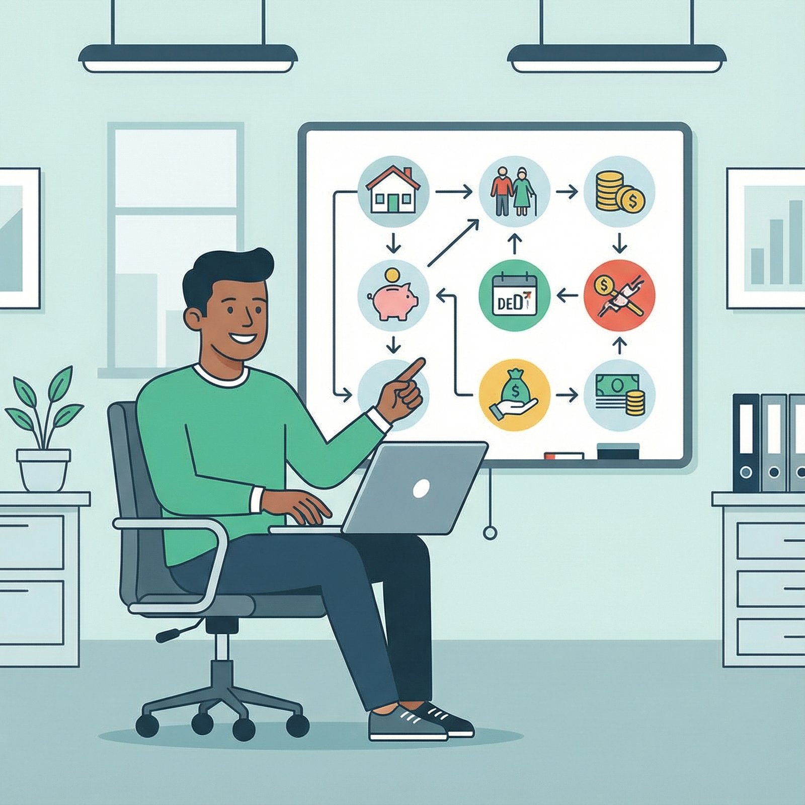 A person looking confident and organized, managing their finances on a laptop with a clear plan on a whiteboard in the background. Informational, clean infographic style, 1:1 aspect ratio, no visible text.