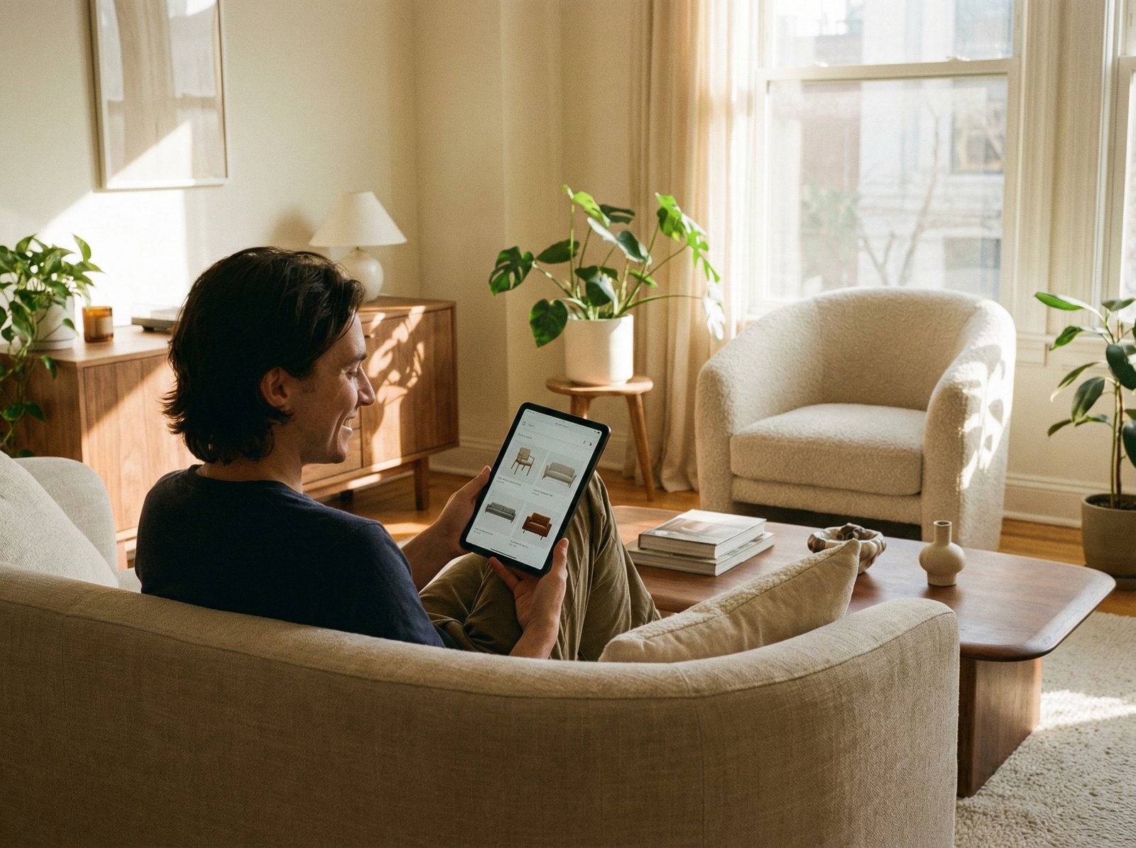 A modern lifestyle photograph showing a person happily browsing an online furniture store on a tablet, with stylish furniture in the background. Warm lighting and a natural indoor setting. No visible text. Aspect ratio 4:3.