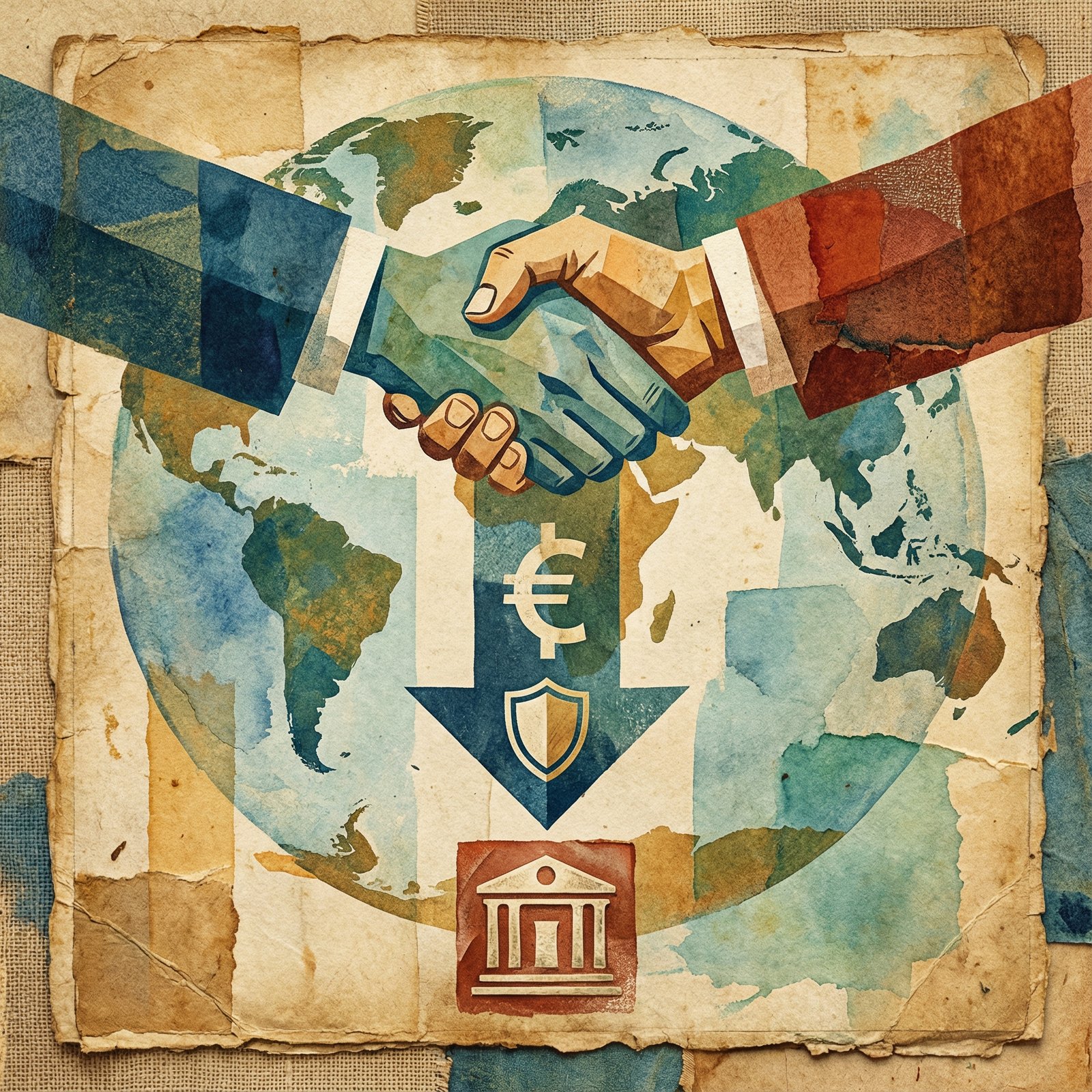 An illustration depicting abstract symbols of trade negotiations and tariff relief, such as two hands shaking over a stylized global map, with a downward arrow indicating reduced tariffs. Use an artistic rendering with a textured background. No visible text. Aspect ratio 1:1.