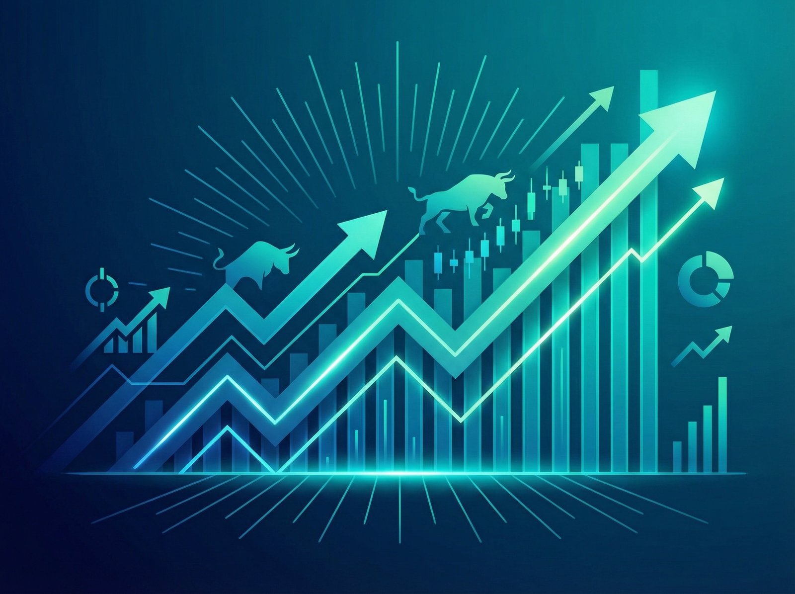 A clean infographic showing stock charts with an upward trend, representing market growth and investment. Modern layout, high contrast, colored background. Aspect ratio 4:3, no visible text, no Korean text.