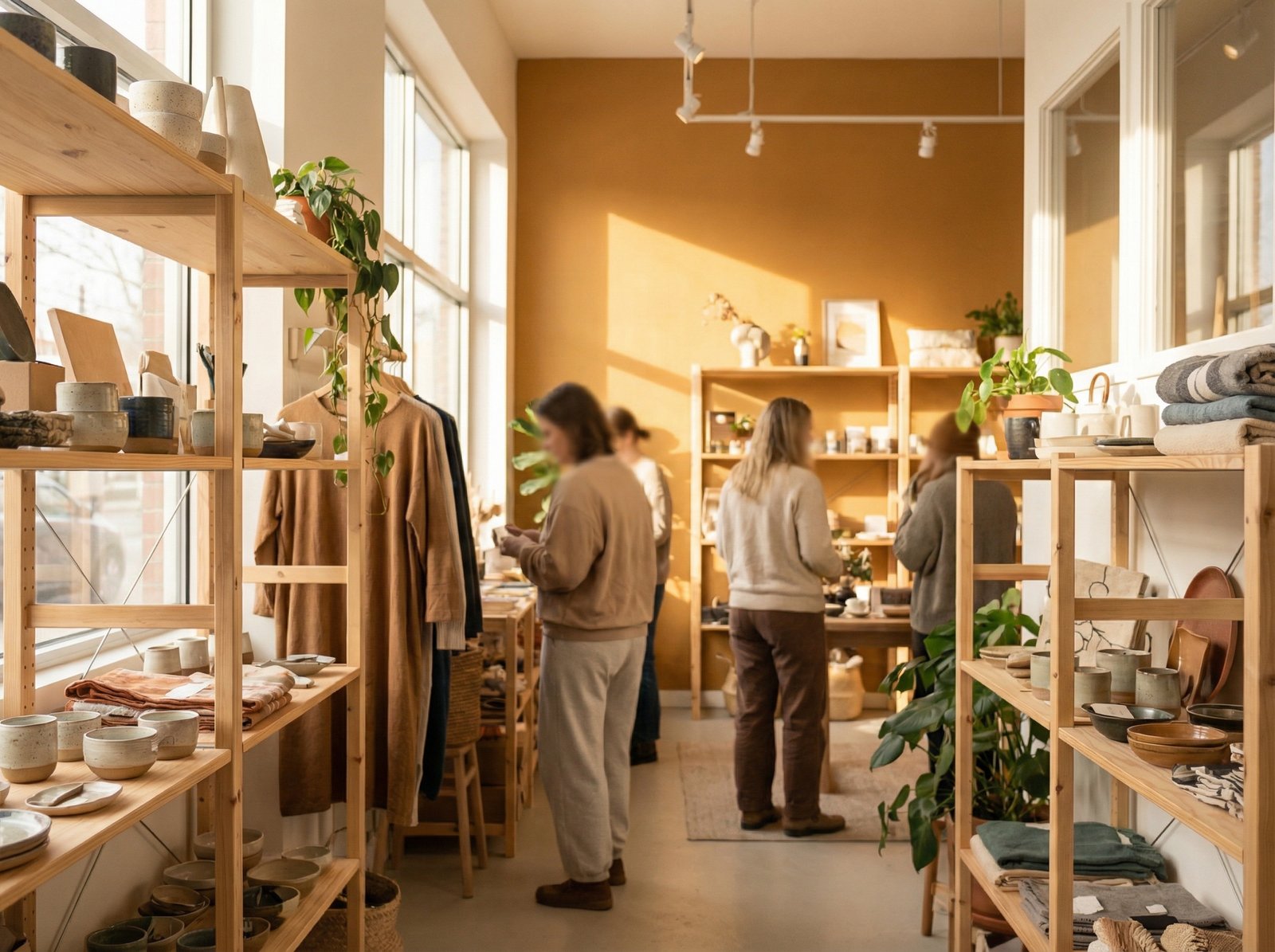 Lifestyle photography of a modern, inviting shopping space with various products displayed neatly. Warm lighting and a natural setting. Colored background. Aspect ratio 4:3, no visible text, no Korean text.