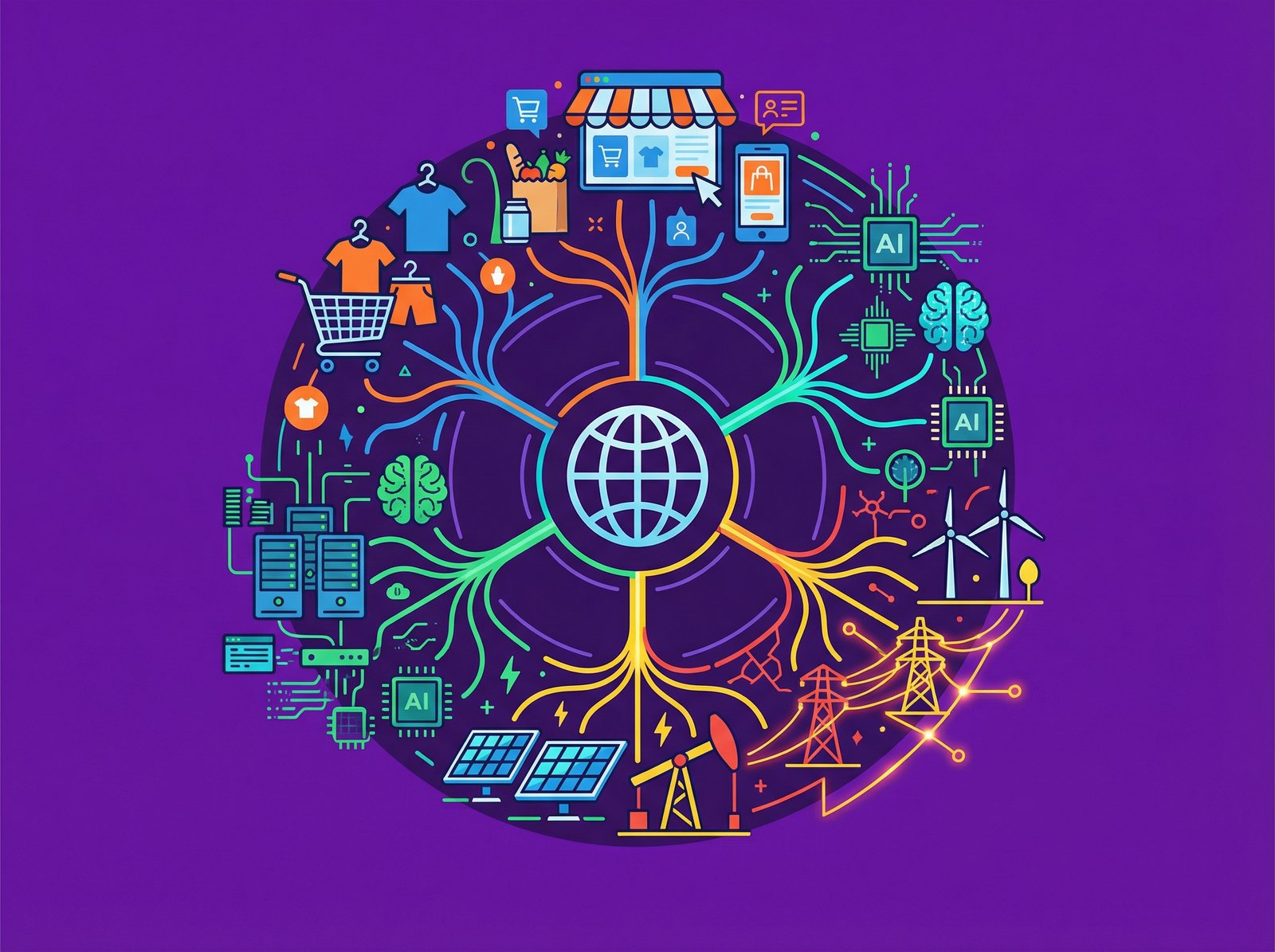A detailed composition infographic depicting various industry sectors in the global market, including retail, technology, and energy. Clean, modern, high contrast. Colored background, centered focus. Aspect ratio 4:3, no visible text, no Korean text.