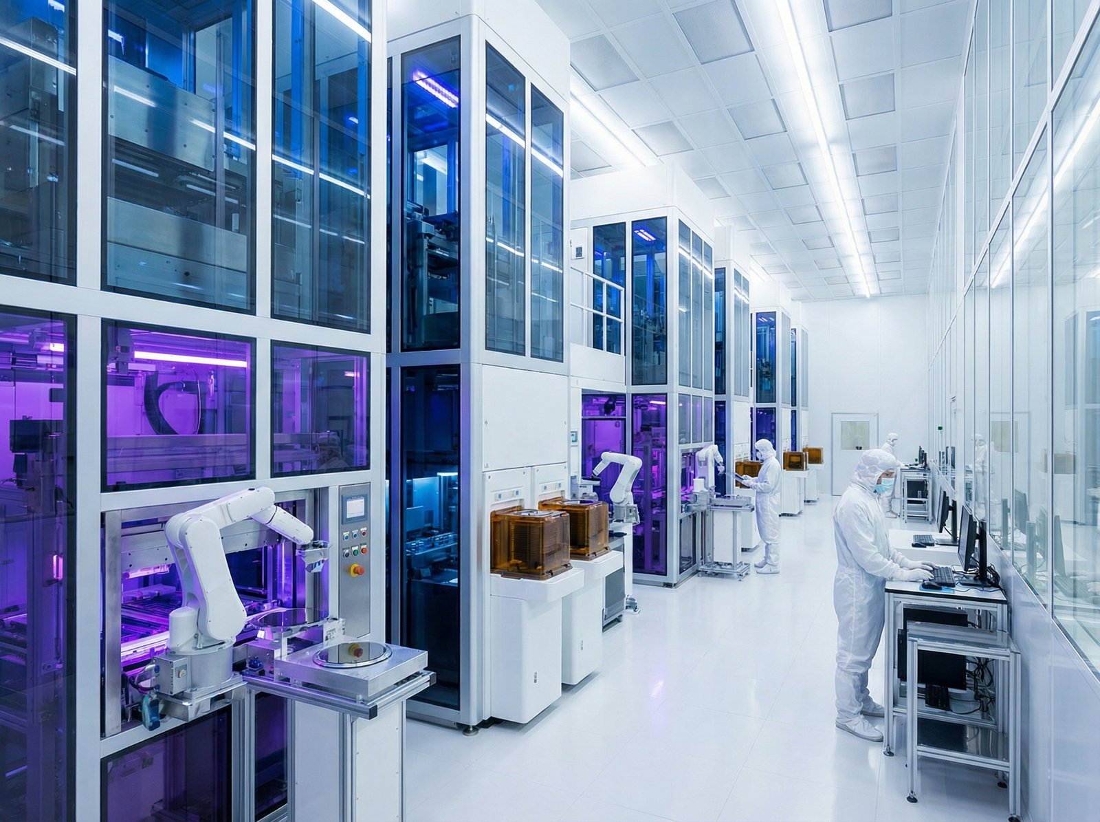 A clean and modern semiconductor chip manufacturing factory interior, with advanced machinery and glowing blue lights, representing high technology and precision. Aspect ratio 4:3, no visible text.