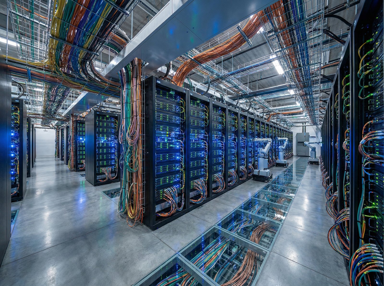 A vast data center with rows of glowing server racks, showing complex wiring and a futuristic, high-tech environment. Aspect ratio 4:3, no visible text.