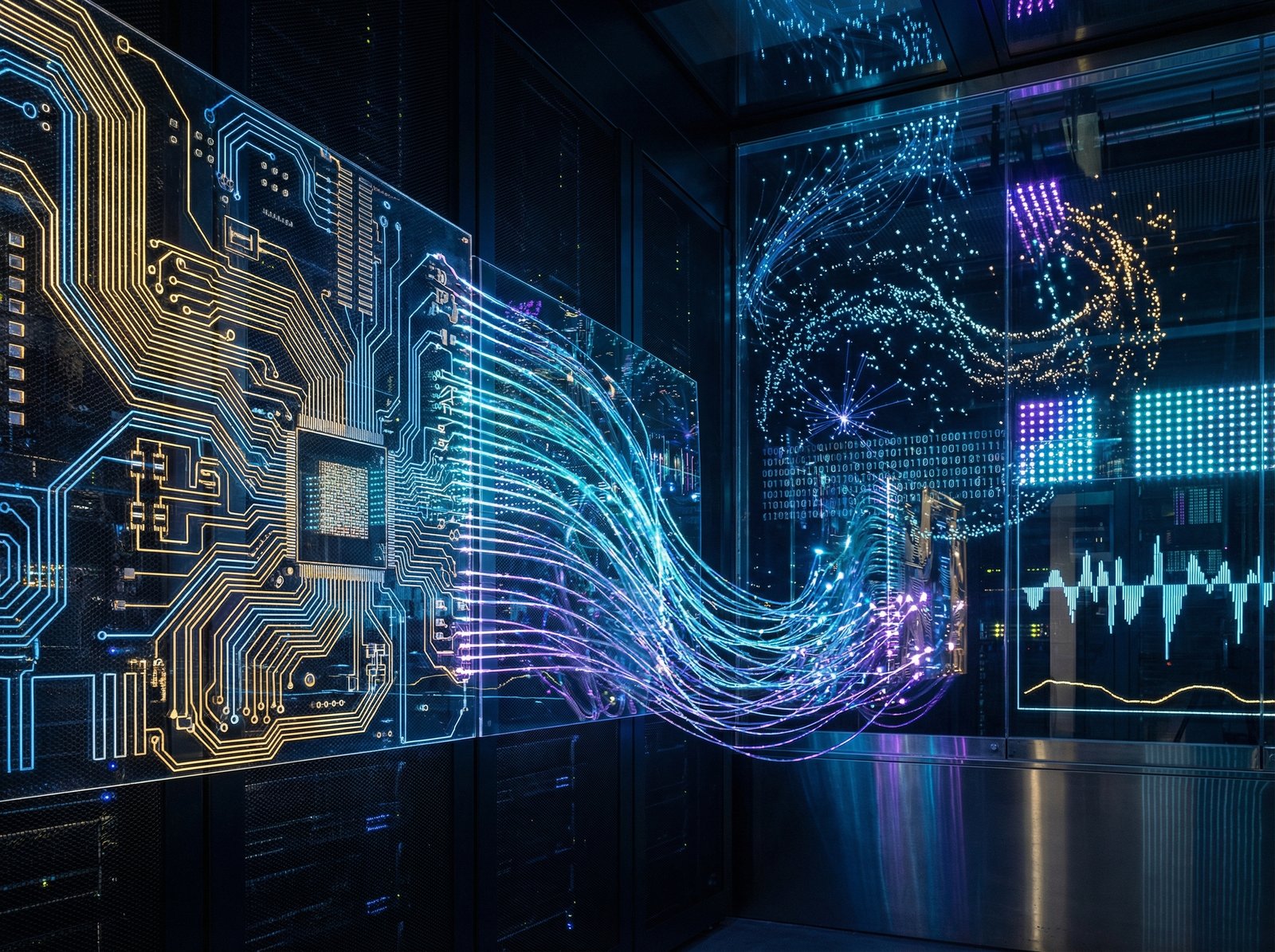 A detailed composition image featuring intricate circuit board patterns flowing into abstract representations of data streams and glowing digital light. The overall impression is high-tech and interconnected, with a dark, sophisticated background. Aspect ratio 4:3, no visible text, no Korean text.