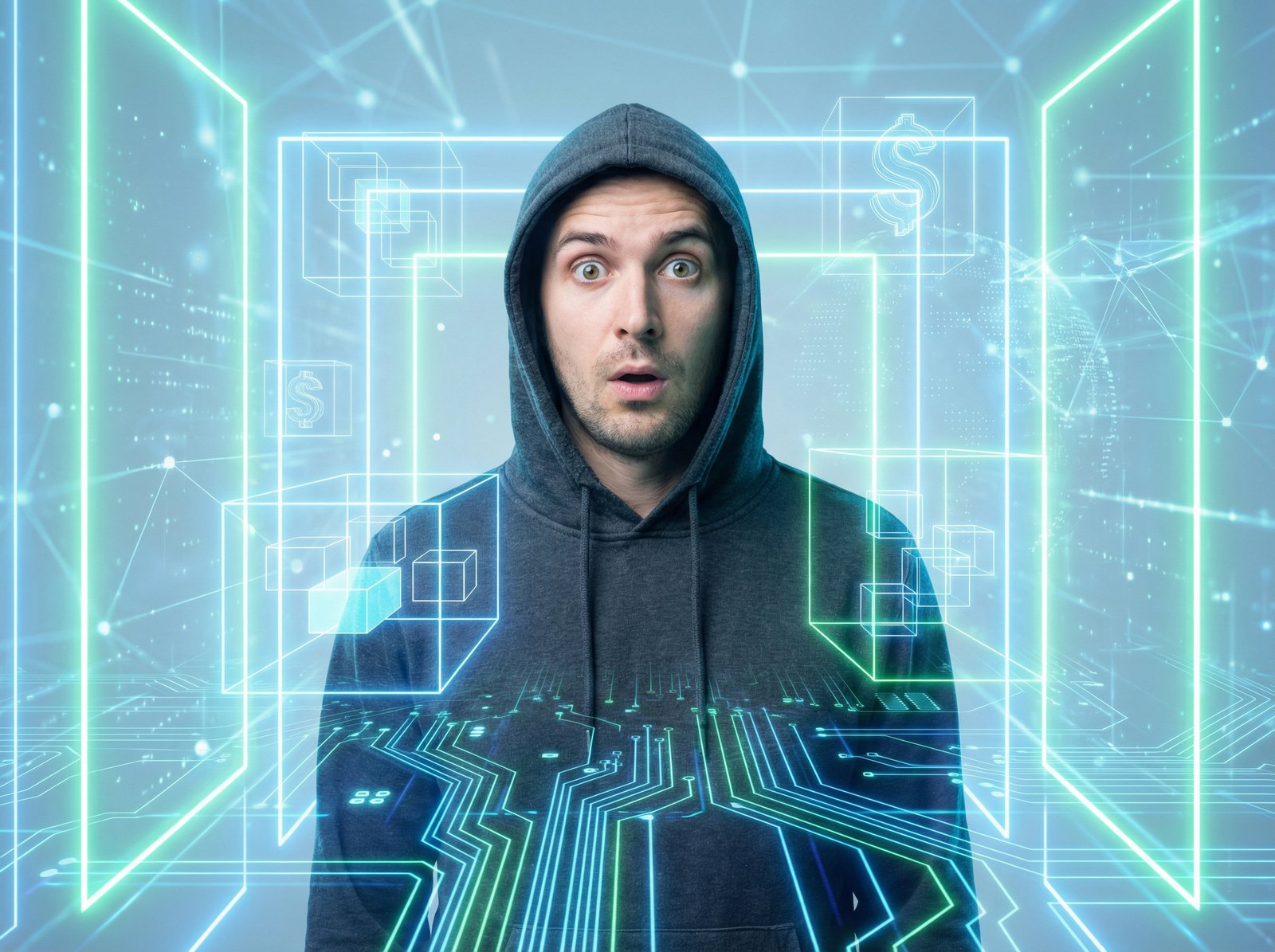 A man with a surprised expression, wearing a hoodie, in a digital, abstract setting that suggests hacking and cryptocurrency. Blue and green neon lights, futuristic, clean infographic style, 4:3 aspect ratio, no visible text.