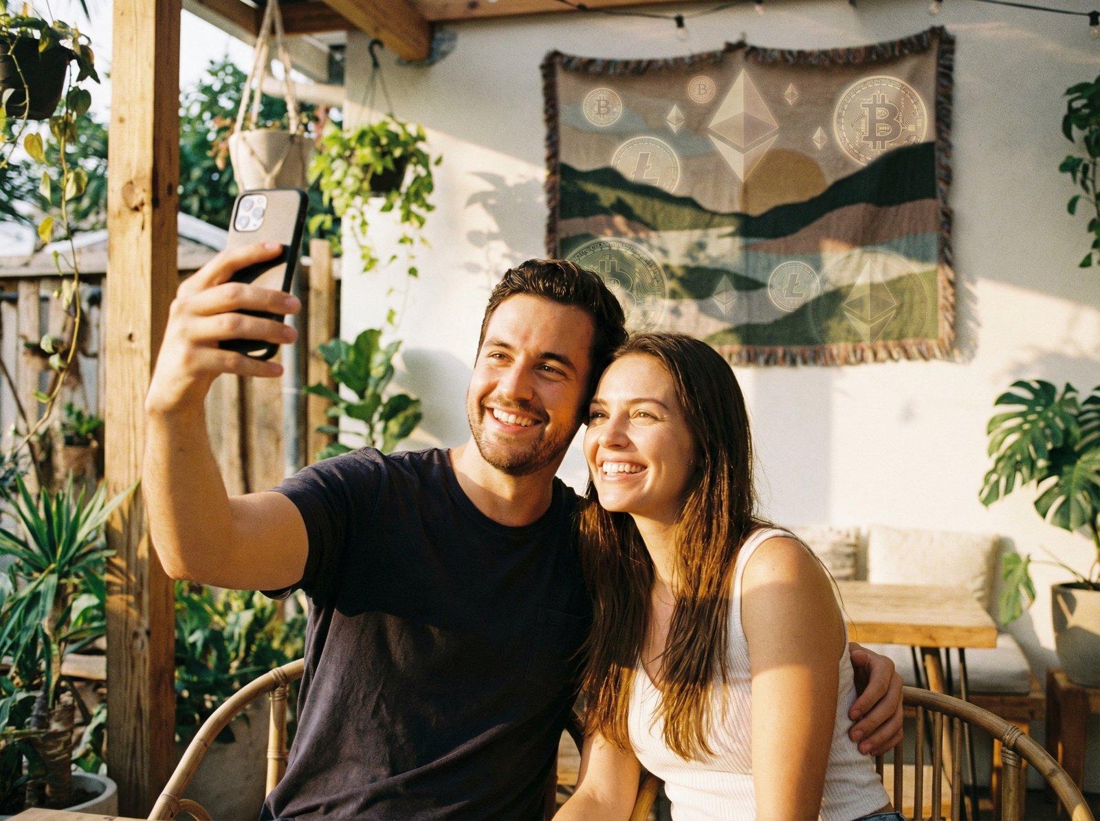 A couple, a man and a woman, smiling and taking a selfie in a relaxed setting, with a subtle digital currency background. Lifestyle photography, warm lighting, natural setting, 4:3 aspect ratio, no visible text.