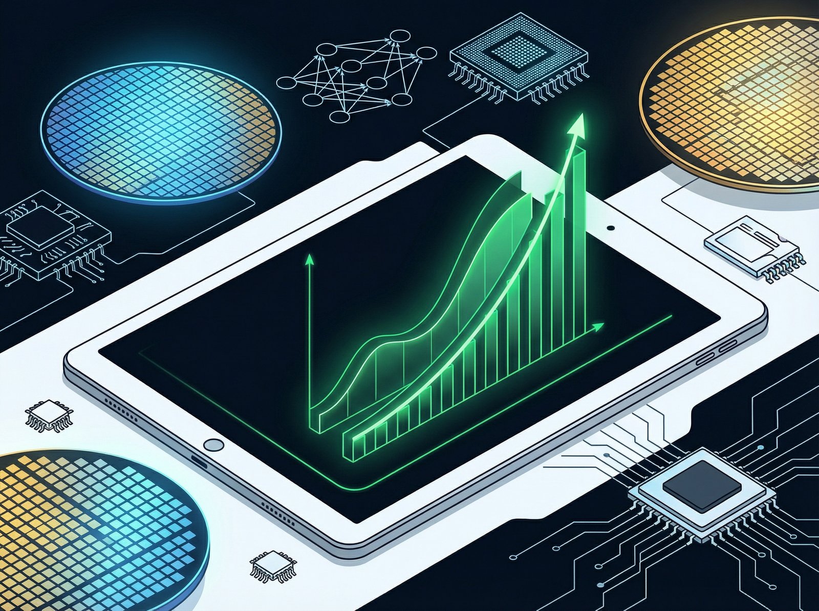 A tablet displaying a stock chart with green upward trends, surrounded by abstract representations of semiconductors and AI circuits, clean infographic style, high contrast, no visible text, aspect ratio 4:3