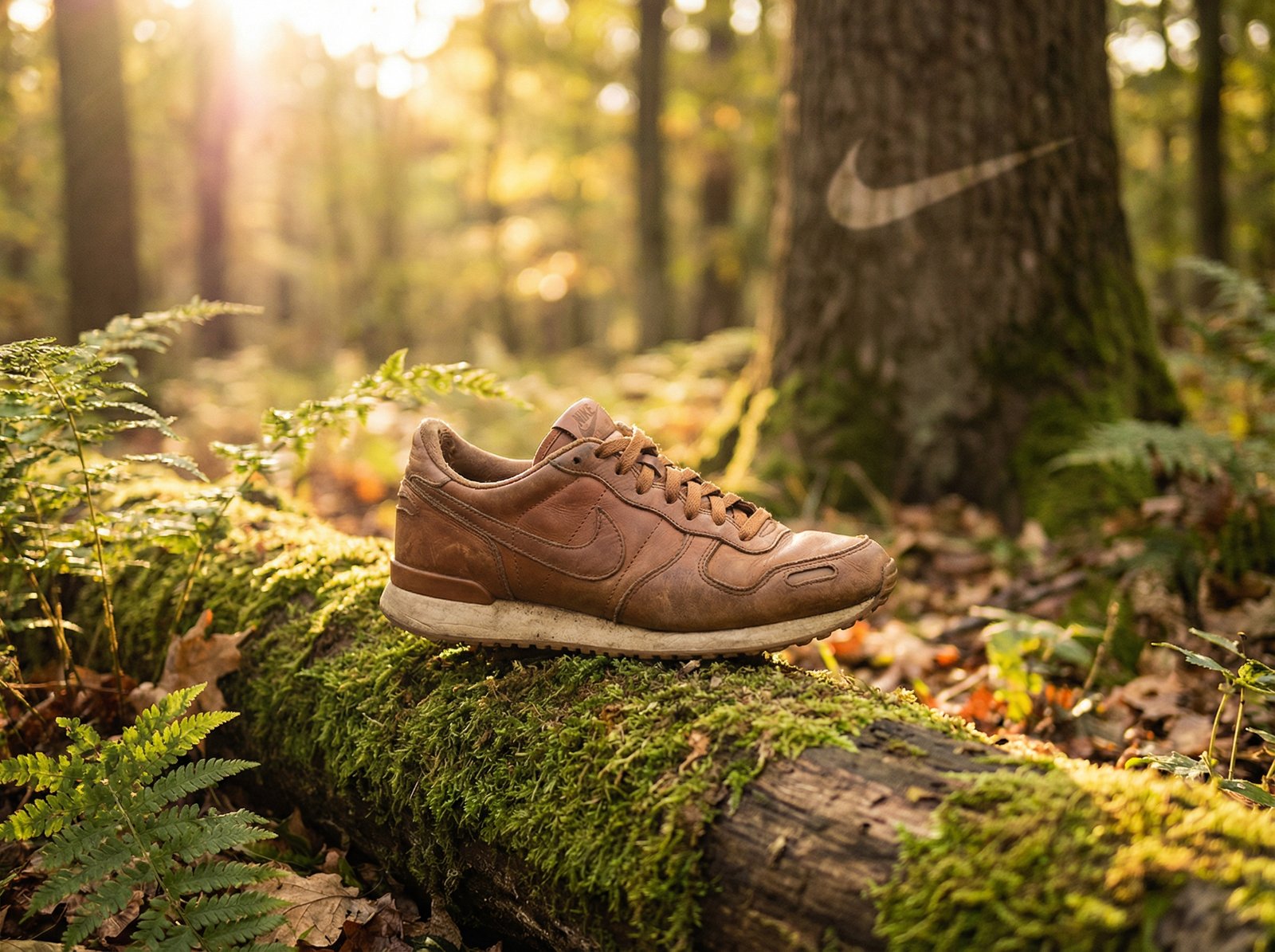 Lifestyle photography of a Nike shoe with the Nike logo subtly in the background, warm lighting, natural setting, no visible text, aspect ratio 4:3