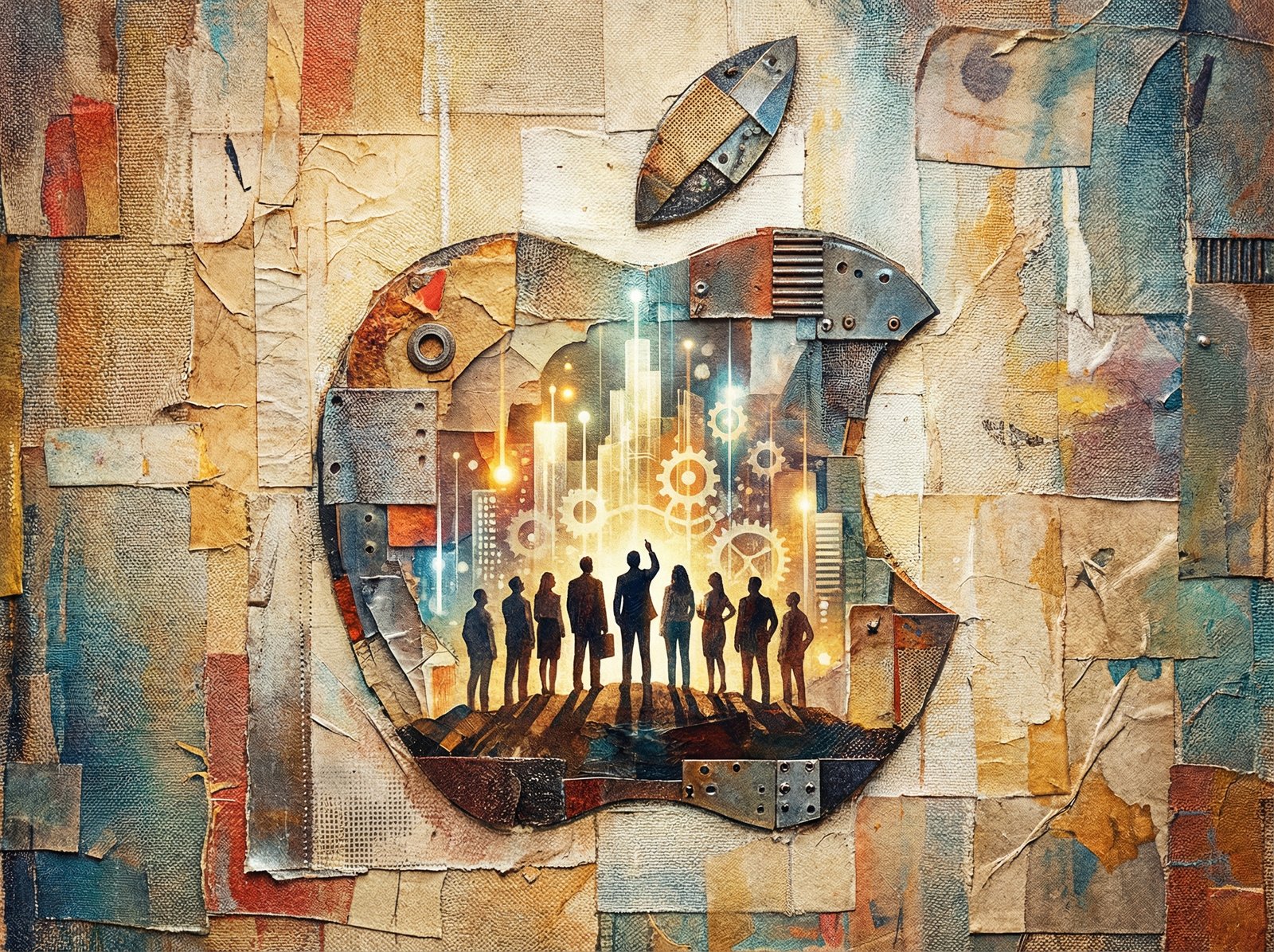 Artistic rendering of the Apple logo with silhouettes of people looking towards innovative technology, textured background, no visible text, aspect ratio 4:3