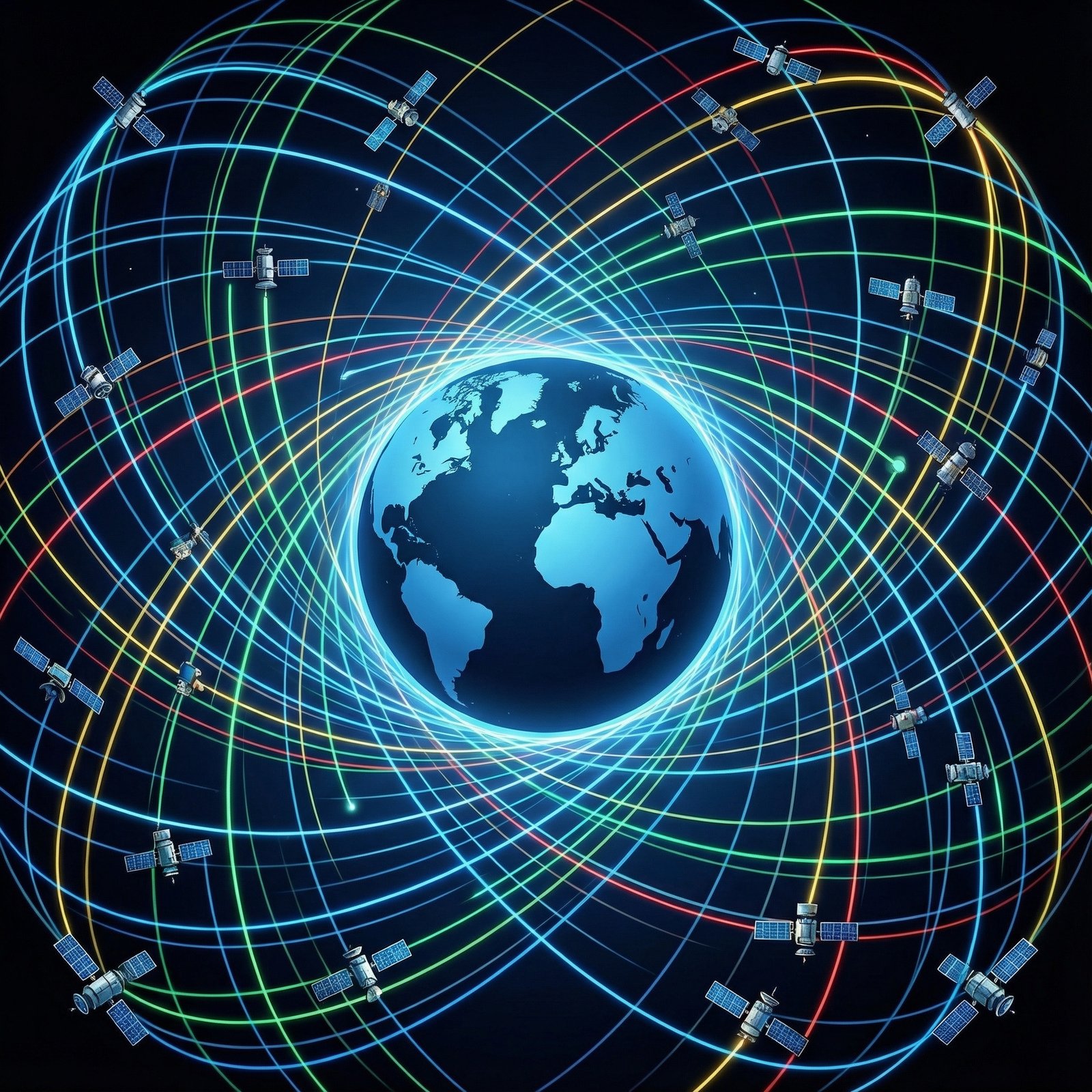 A detailed composition of many satellites orbiting Earth, with light trails indicating their movement. Clean infographic style, high contrast, modern layout. Aspect ratio 1:1, no visible text.